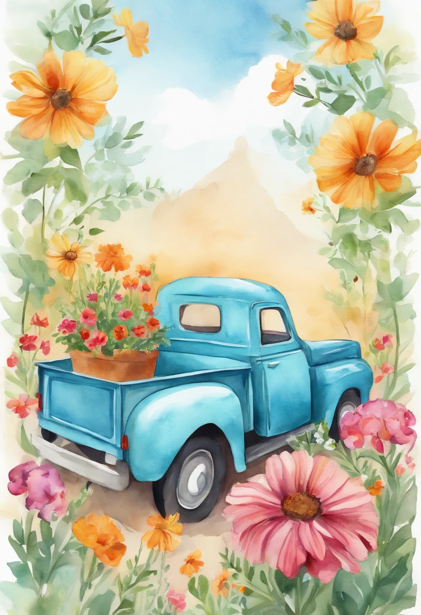 There was a blue truck in the back,There are flowers on it。, Watercolor illustration style, on a bright day, vehicle illustration, hd illustration, added detail, clear day, white bg, Watercolor illustration, with colorful flowers and plants, cheerful mood, WaterColor style, best on adobe stock, Cheerful ambiance, author:Elaine Hamilton, Full of flowers, full color digital illustration