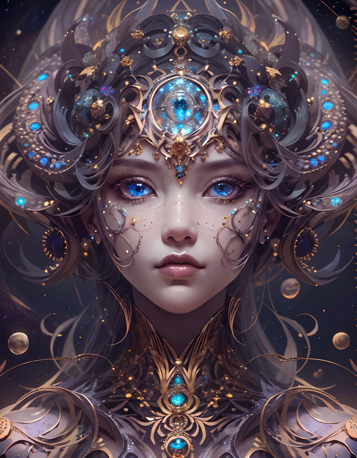 (best qualtiy,ultra - detailed,Most Best Illustration,Best shadow,tmasterpiece,A high resolution,professionalartwork,famousartwork),Detailed eyes,beautidful eyes,closeup cleavage,sci-fy,colored sclera,Robot eyes,face markings,Tattooed with,(fractalized,Fractal eyes),largeeyes,Wide eyes,(Eye focus),sface focus,Cosmic eyes,Space eyes,Close-up of metal sculpture of a woman with a moon in her hair,goddes。extremly high detail,3 d goddess portrait,Extremely detailed footage of the goddess,a stunning portrait of a goddess,Side portrait of the goddess,portrait of a beautiful goddess,Full body close-up portrait of the goddess,hecate goddess,portrait of a norse moon goddess,goddess of space and time