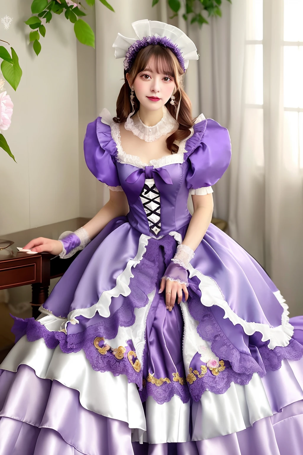Close up portrait of woman in purple satin dress and white satin gloves, rococo dress, rococo queen, Victorian purple color dress, rococo ruffles dress, dress in the style of rococo, fantasy dress, Lolita style, ethereal fairy tale, Icy Purple Dress, victorian dress, Lolita Fashion, magical dress, Full dress, fairycore, Belle Delphine
