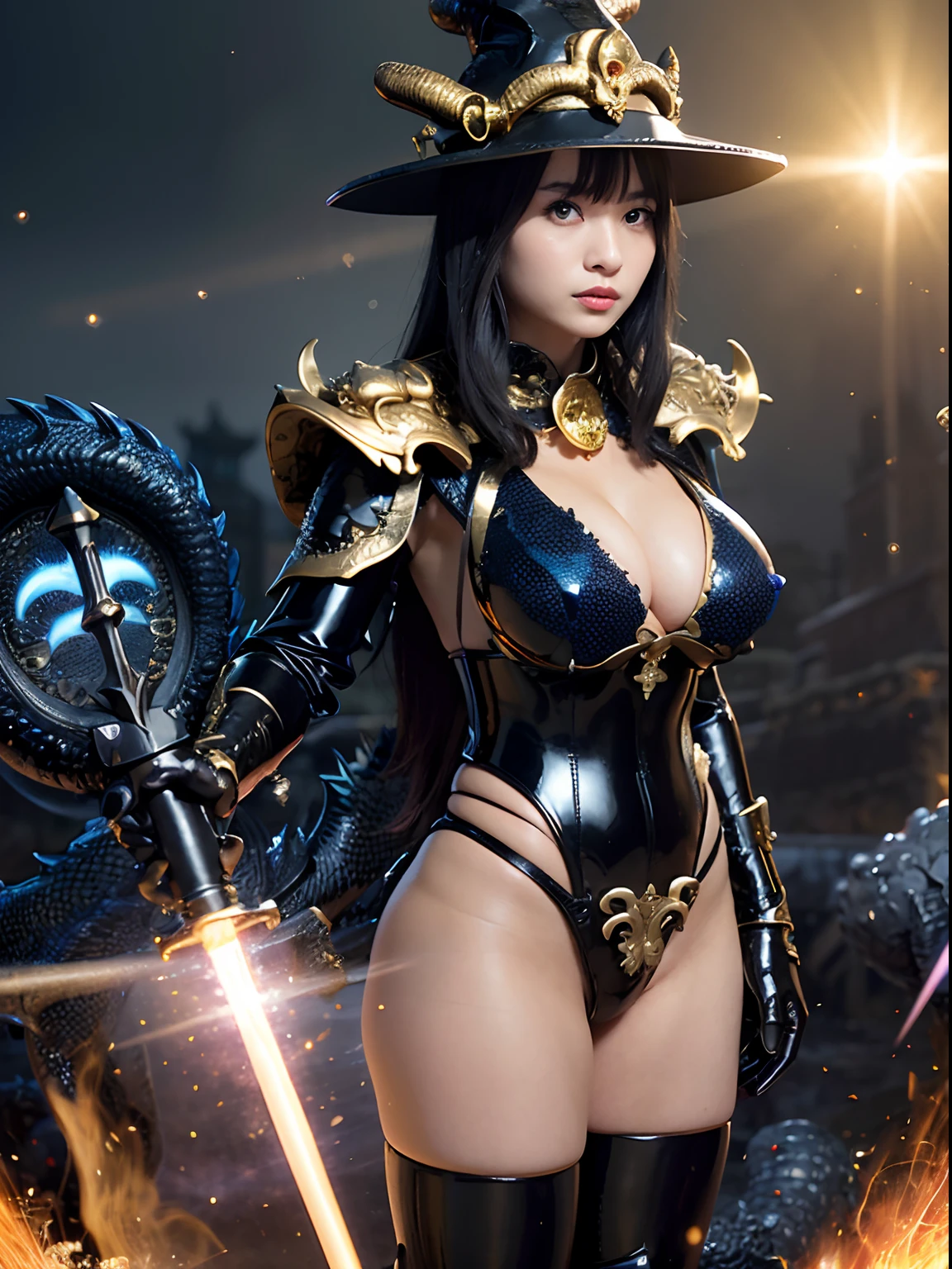 ((World of Darkness)),Professional , masterpiece、top-quality、photos realistic , depth of fields 、(((With a magic wand of gems))),(Dragon Black Metal Body:1.9),(latex black-blue、(cleavage of the breast)、Dragon Gold Weapon、(((Particles of light))),(Micro Bikini Armor:1.7),Gorgeous gold weapons ,(Fight dragons)、Seductive look、,Blood on the face,Blood Rain,Blood fog、(blood splattere、((((With a magic wand))), ) , (((Wearing a black latex wizard hat))),(demonic wings) ,((a blond))、(Castle background)、((Gangle's forest background))、Beautiful Caucasian beauty、1a person、dynamic ungle,(((Detailed and ornate dragon wizard hat)))、Smaller head、A smile、Castle background、Thin and beautiful female hands、cleavage of the breast、Soldier in iron armor on background、Mystical expression、Light Effects、intense fighting、Wind-effect、magic circles、With the legendary magic wand、Dragon's tail、explosions、Toostock、Toostock、