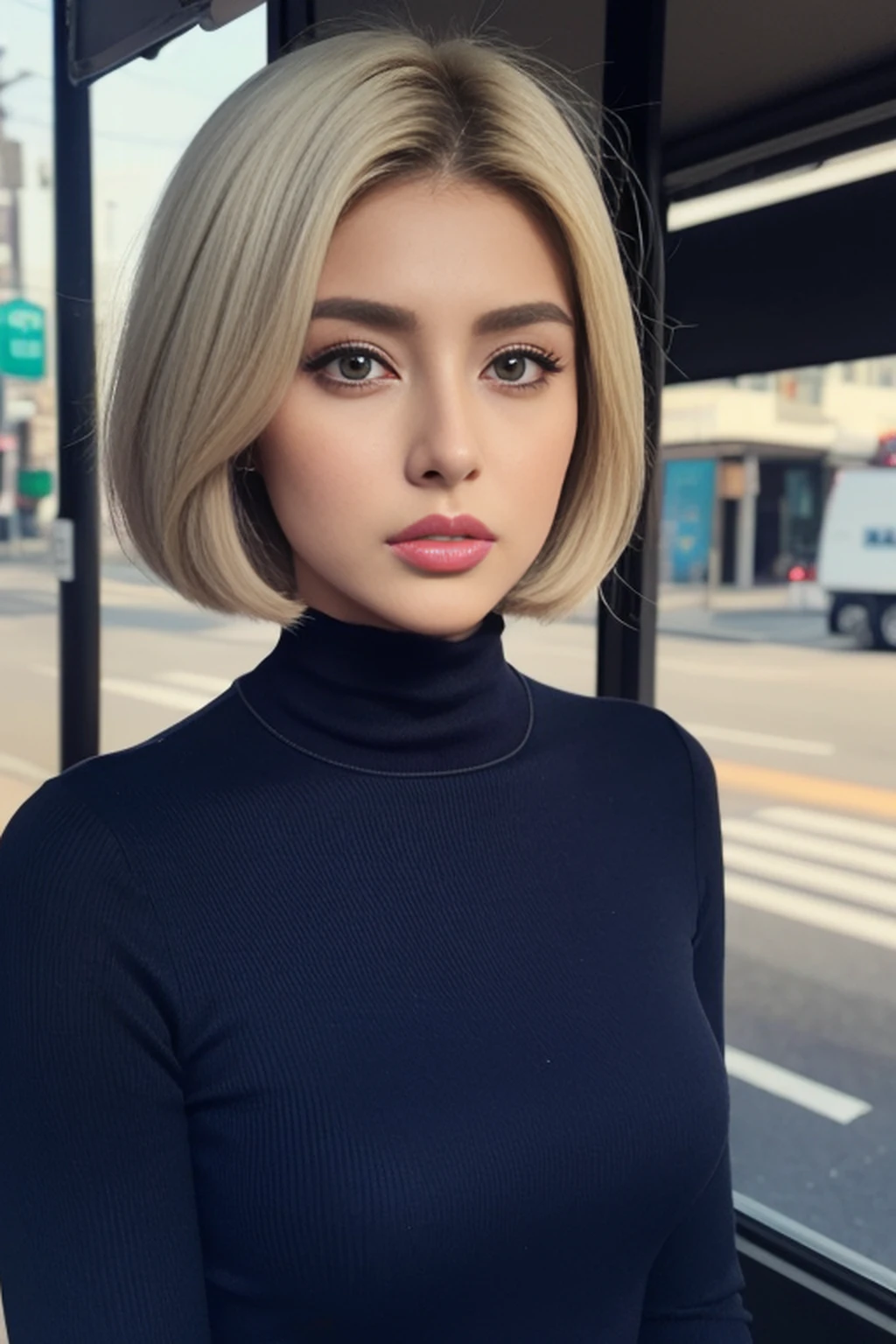 ((Realistic lighting, Best quality, 8K, Masterpiece: 1.3)), Clear focus: 1.2, 2girl, Perfect Figure: 1.4, Slim Abs: 1.1, ((short blonde bob hair)), (chic, tailored pantsuit and turtle neck: 1.4), Super fine face, Fine eyes, Double eyelids, woman is posing while sitting in a bus stop in a street, inspired by Gina Pellón, instagram, tachisme, violet myers, lorena avarez, olivia culpo, alanis guillen, looks like laura barriales, sophie mudd, tanned ameera al taweel, beautiful iranian woman, full body portrait