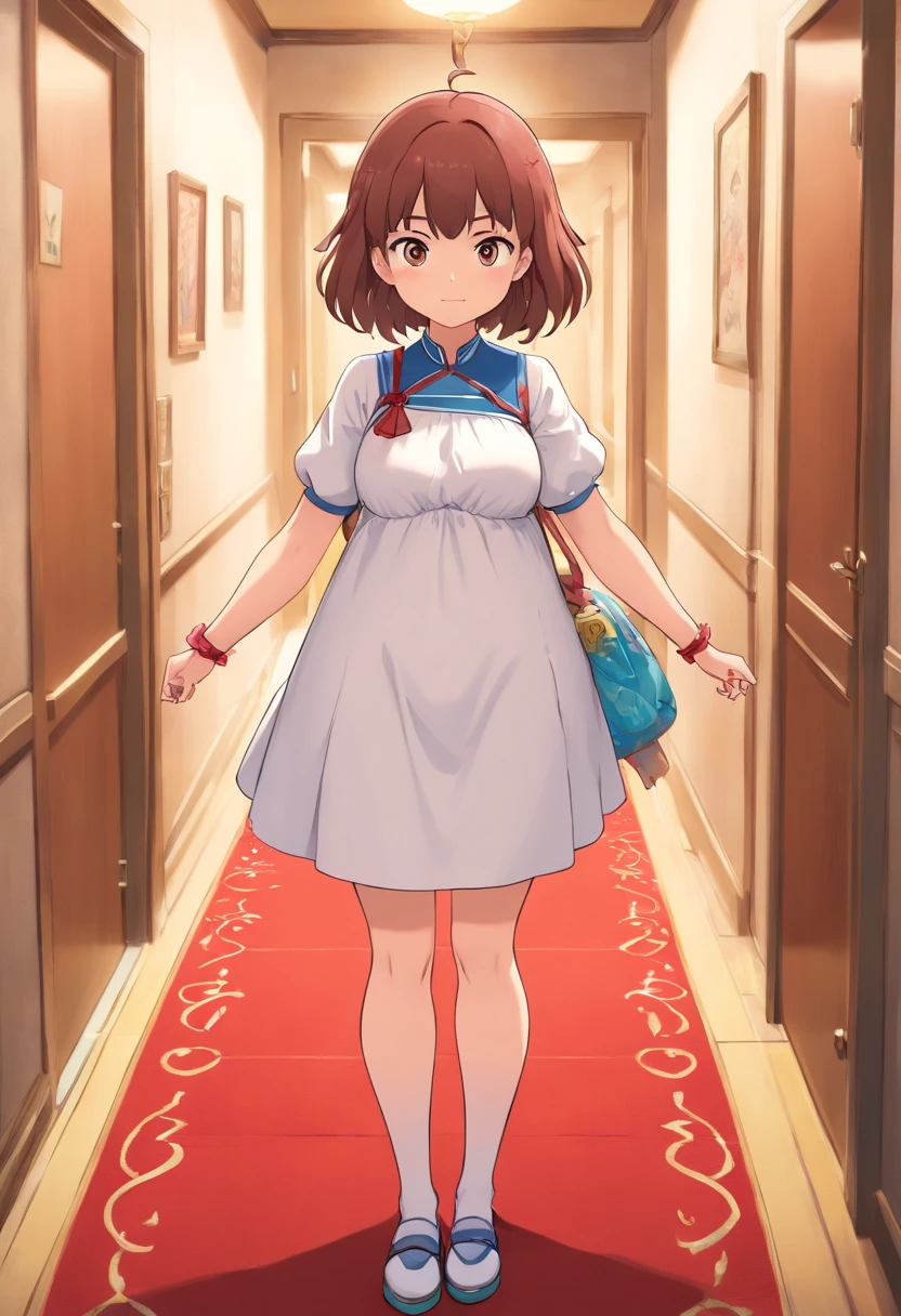 Anime girl in a white dress stands in the hallway, thicc, small curvy loli, oppai, seductive anime girl, Very_Detailed!!, she has a jiggly fat round belly, Heavy hinge, Covering the breasts and SFW, shikamimi, Corner closure, by Kamagurka, pixiv 3dcg, Detailed!!, Obai pedigree nsfw