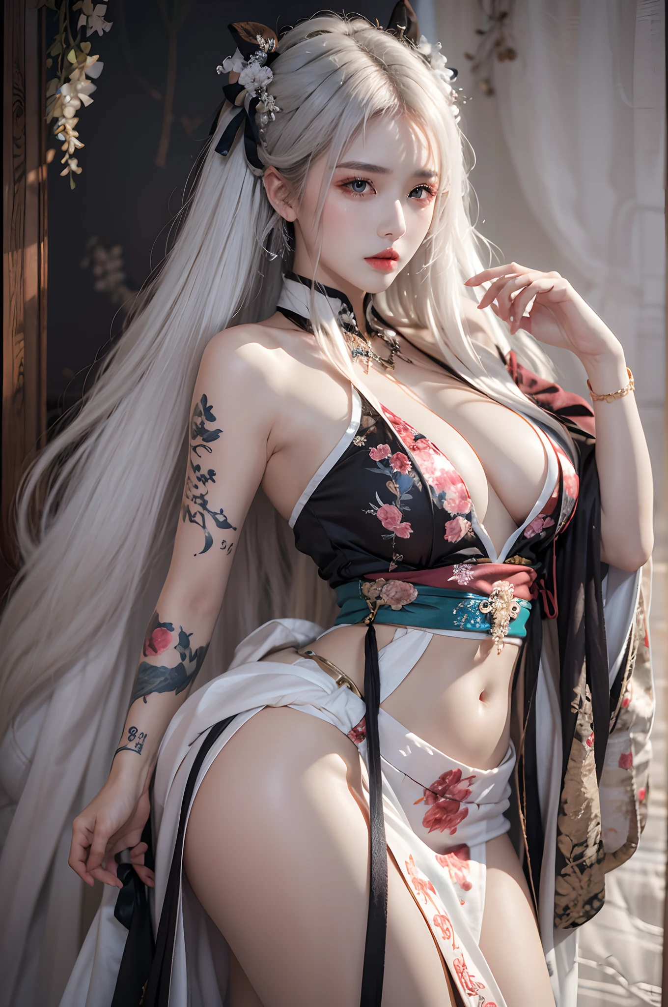 Photorealistic, high resolution, 1 woman, Hips up, Beautiful eyes, Long hair, ringed eyes, jewelry, tattoo, white hair, hanfu