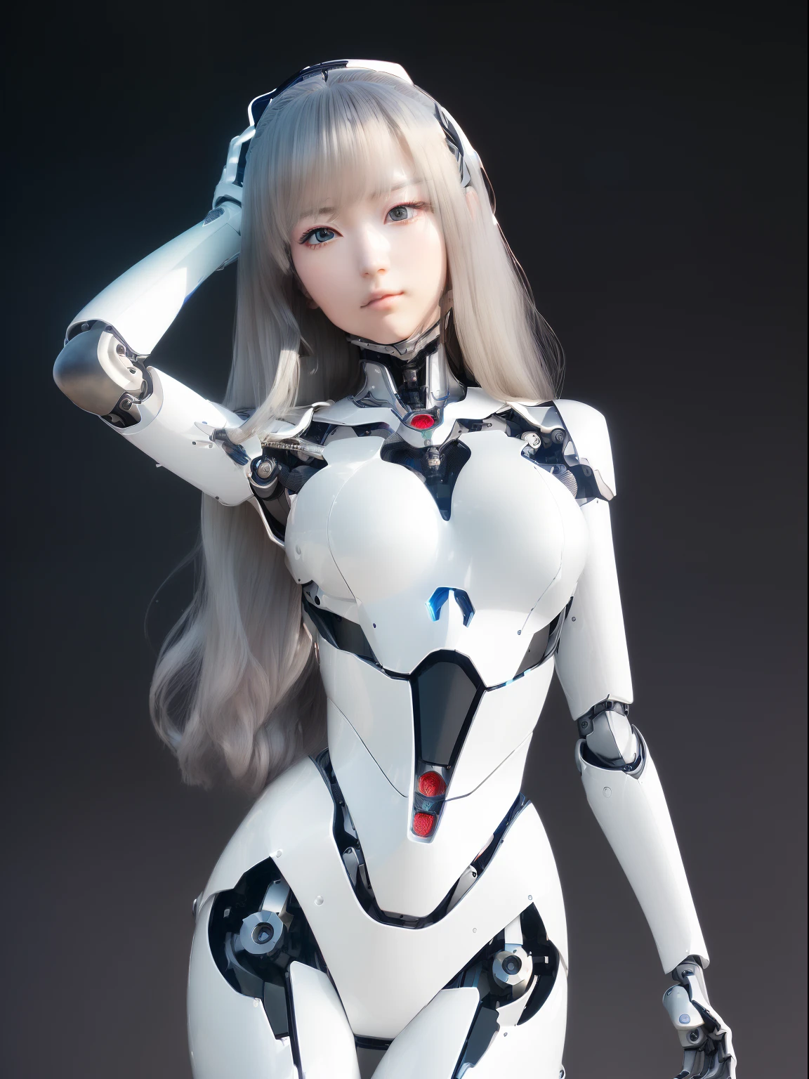 ((masutepiece)), ((top-quality), high quarity、ultra-definition, Realistic, fulcolor 、One beautiful robot woman、Joints of machines、Machine frame、White porcelain armor、(Curvaceous face)、deadpan、Black Long Hair、Faraway view
