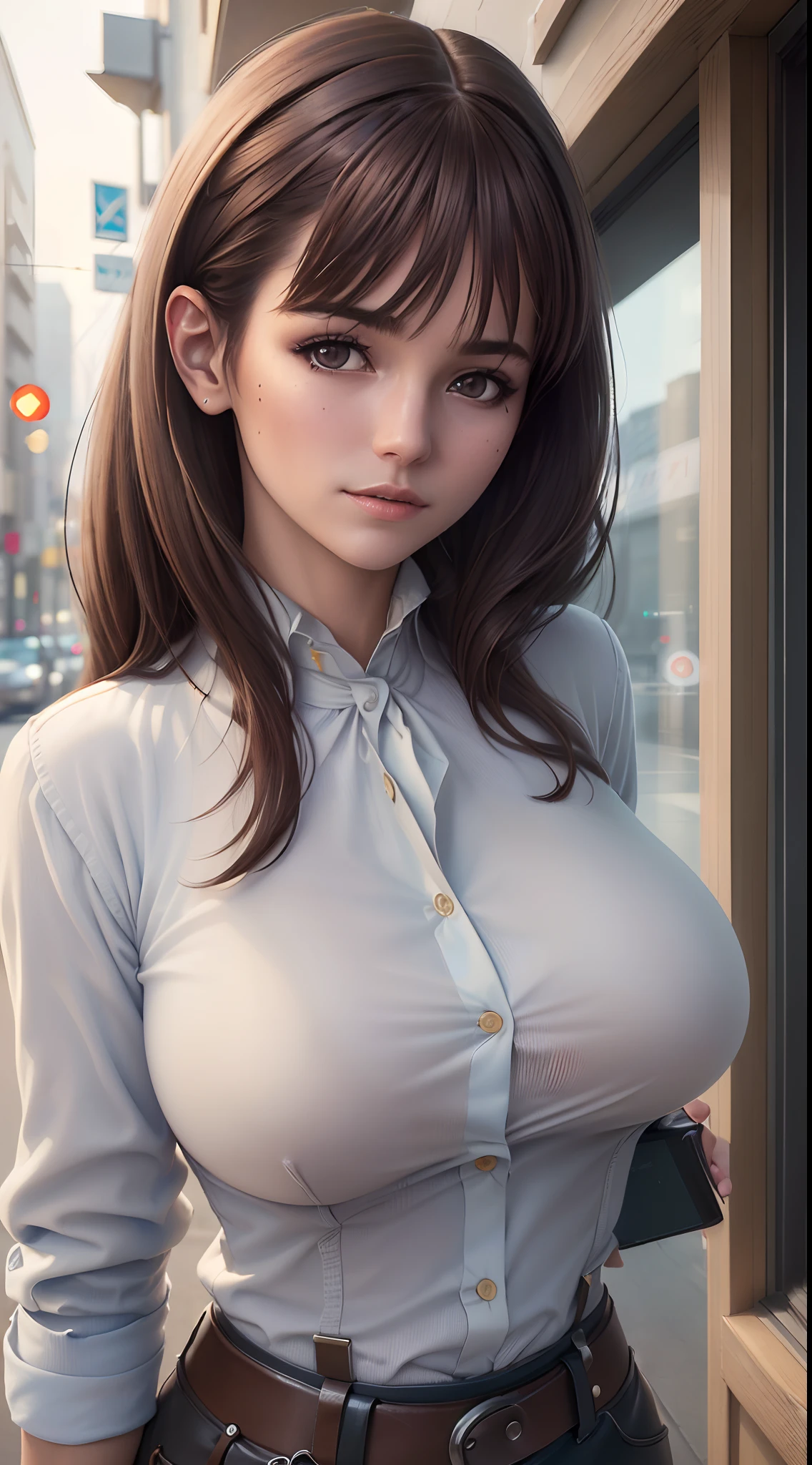 ((Best quality, 8k, Masterpiece :1.3)), Sharp focus :1.2, A pretty woman with perfect figure :1.4, Slender abs :1.2, ((Dark brown hair, Big breasts :1.2)), (White button up long shirt :1.1), City street:1.2, Highly detailed face and skin texture, Detailed eyes, Double eyelid