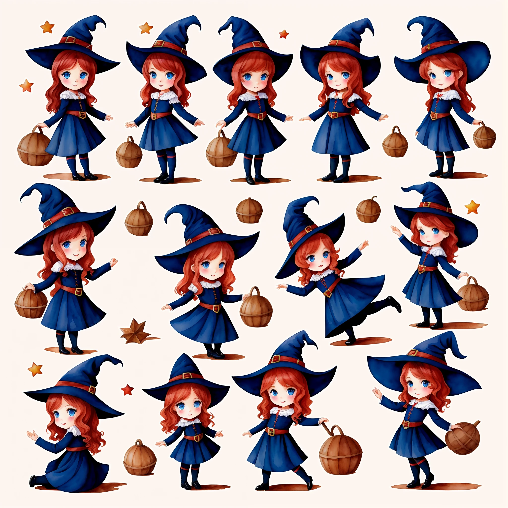 Cute little girl in witch costume, Beautiful red curly hair, beautiful blue eyes, (Best Quality, hiquality:1.3), ,Masterpiece, illustartion, (watercolor style), children book illustration