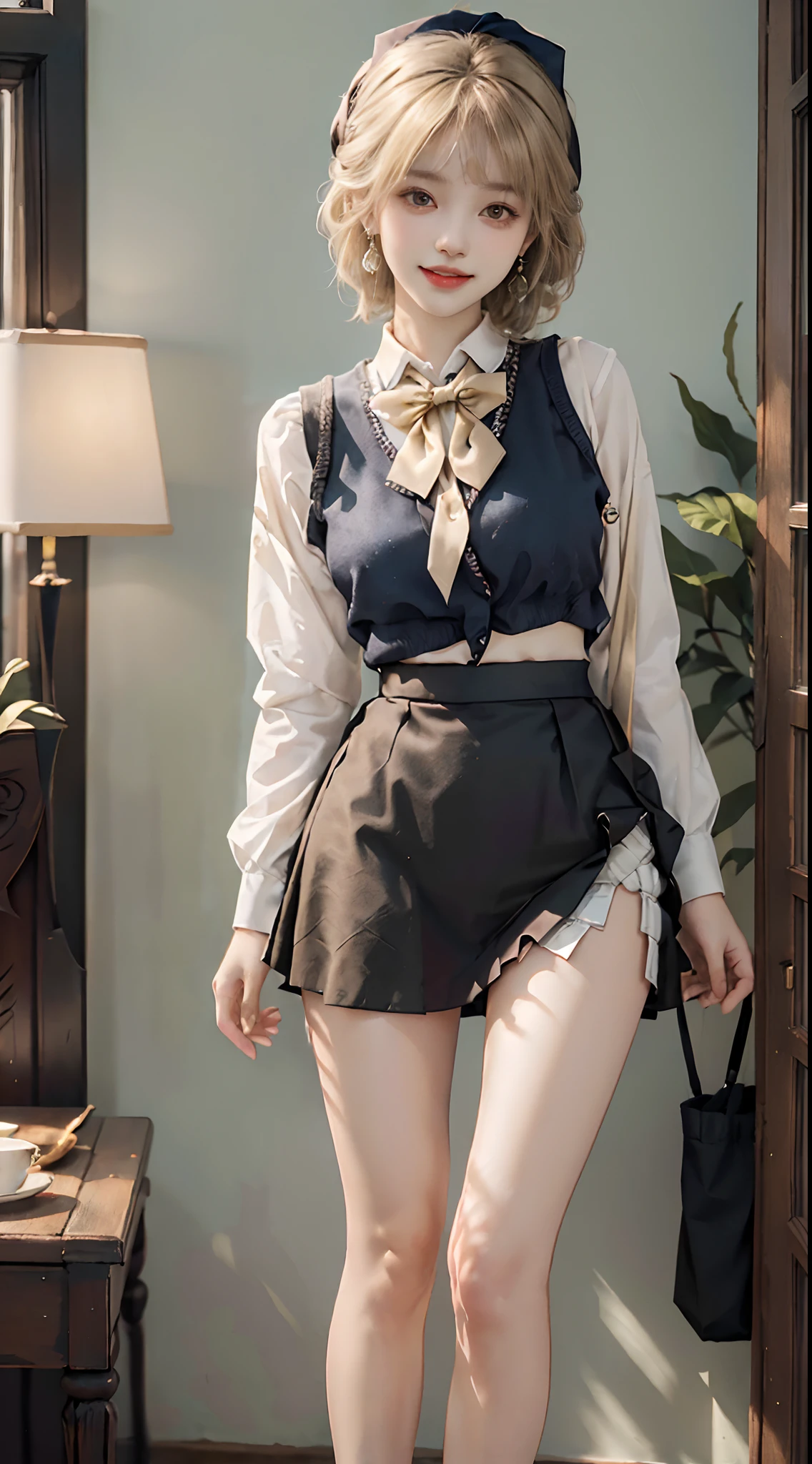((full body)), ((Front Shooting)), ((realistic)), 1girll, posed for photo, inside in room, Stand up, pretty legs, Straight legs, The upper body leans forward slightly, with hands behind her back, looking at viewert, Detailed scenes, curlies, Air bangs, Beautiful hair accessories, Brownish-yellow hair, ((White color blouse, neck bowtie, Short black skirt)), (Campus style), warm lights, a warm color palette, Detailed details, ultra-detailliert, (tmasterpiece, best qualtiy), (An extremely delicate and beautiful work), Delicate earrings, Delicate necklace, Simple blurred background, Extreme detail description, Ultra-fine painting, Delicate face, slim toned body, (ssmile, Baring teeth), (anatomy correct)