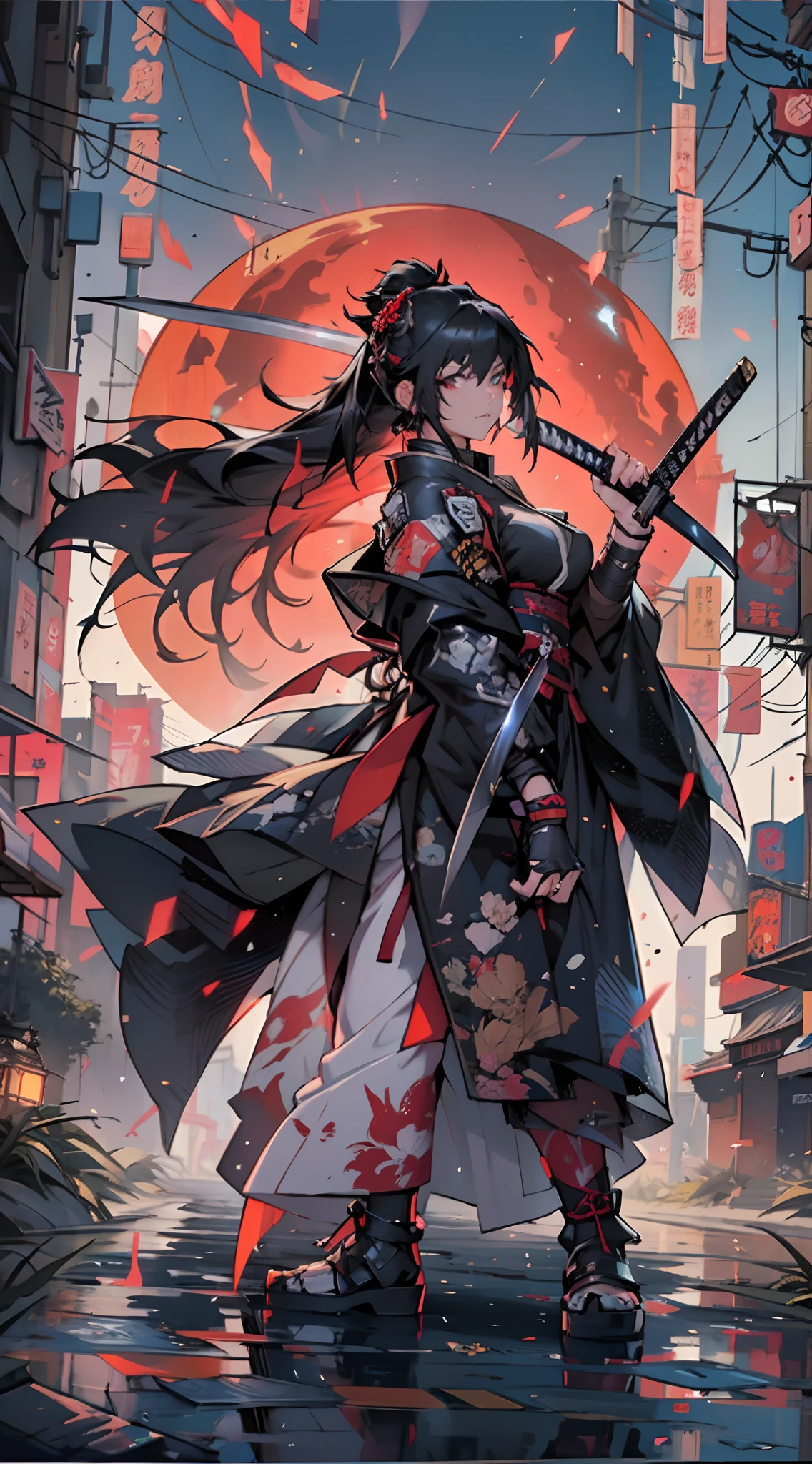 Anime girl with a sword in the city at night, from arknights, by Yang J, very beautiful cyberpunk samurai, anime style artwork, Trending on ArtStation pixiv, rossdraws sakimimichan, katanas, badass anime 8 K, Pixiv Contest Winner, by Kamagurka, Nezuko, inspired by Kanō Hōgai