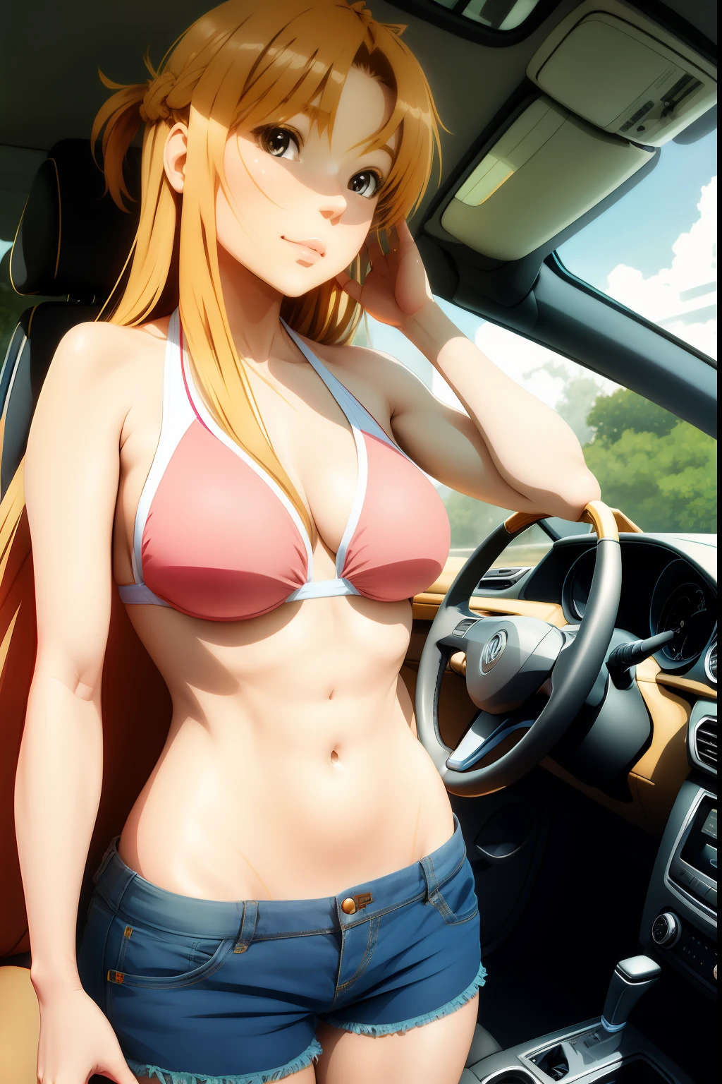Car driving in bikini swimsuit Blonde hair Umi Shinonome