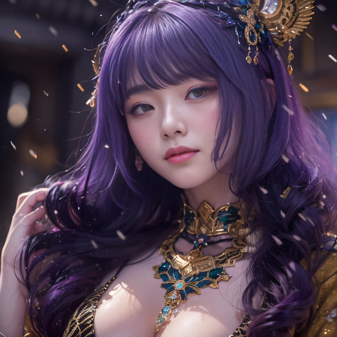 32K gradient glass texture（tmasterpiece，k hd，hyper HD，32K）Short bright purple hair，Short flowing hair，Onsen District，Flame Girl ，Yao Lang protector （realisticlying：1.4），Python pattern robe，Black gold master Kawashima work headdress，Snowflakes fluttering，The background is pure，Hold your head high，Be proud，The nostrils look at people， A high resolution， the detail， RAW photogr， Sharp Re， Nikon D850 Film Stock Photo by Jefferies Lee 4 Kodak Portra 400 Camera F1.6 shots, Rich colors, ultra-realistic vivid textures, Dramatic lighting, Unreal Engine Art Station Trend, cinestir 800，Hold your head high，Be proud，The nostrils look at people，Short bright purple hair