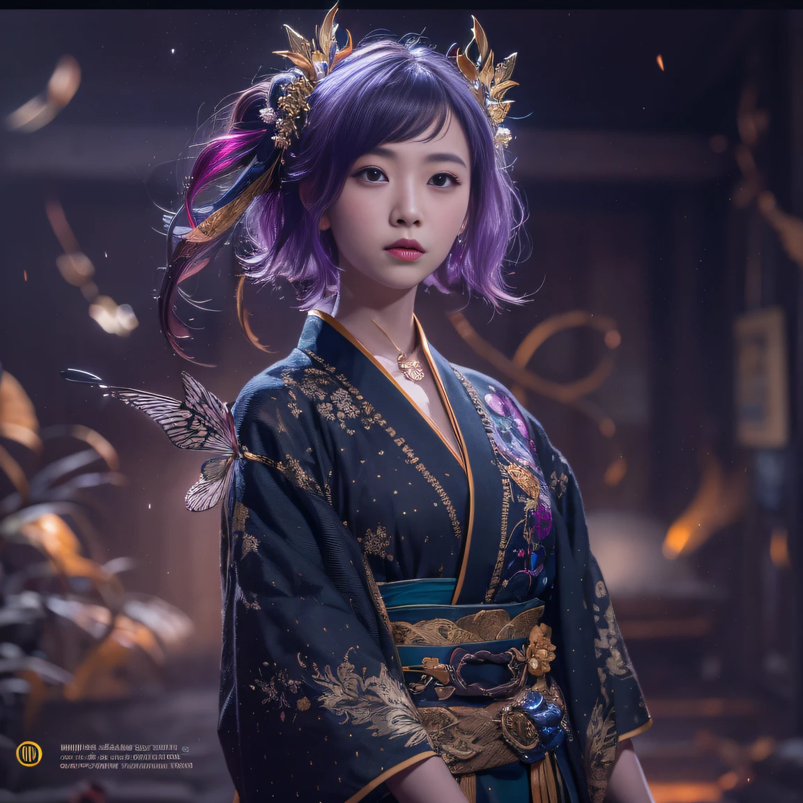 32K gradient glass texture（tmasterpiece，k hd，hyper HD，32K）Short bright purple hair，Short flowing hair，Onsen District，Flame Girl ，Yao Lang protector （realisticlying：1.4），Python pattern robe，Black gold master Kawashima work headdress，Snowflakes fluttering，The background is pure，Hold your head high，Be proud，The nostrils look at people， A high resolution， the detail， RAW photogr， Sharp Re， Nikon D850 Film Stock Photo by Jefferies Lee 4 Kodak Portra 400 Camera F1.6 shots, Rich colors, ultra-realistic vivid textures, Dramatic lighting, Unreal Engine Art Station Trend, cinestir 800，Hold your head high，Be proud，The nostrils look at people，Short bright purple hair