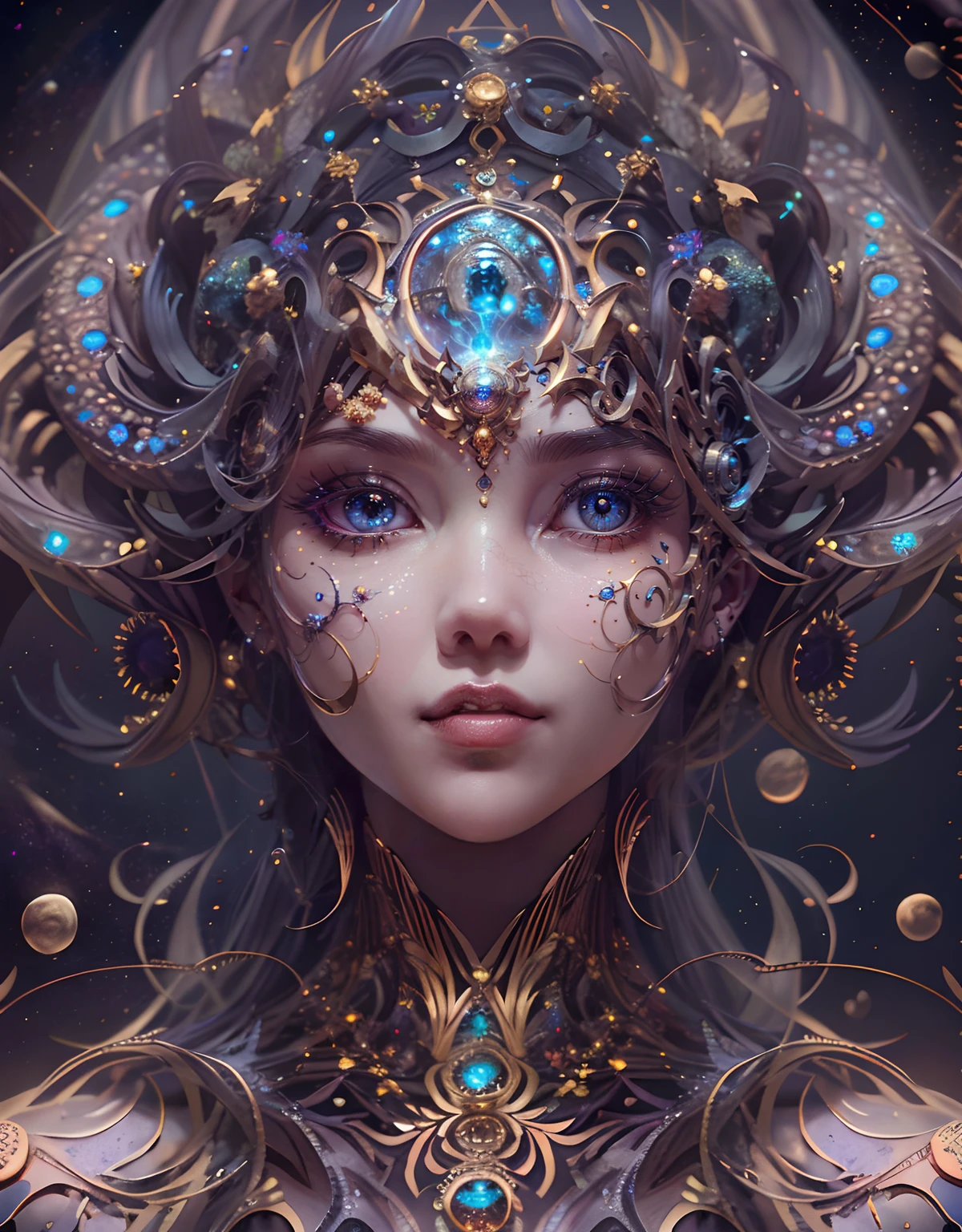 (best qualtiy,ultra - detailed,Most Best Illustration,Best shadow,tmasterpiece,A high resolution,professionalartwork,famousartwork),Detailed eyes,beautidful eyes,closeup cleavage,sci-fy,colored sclera,Robot eyes,face markings,Tattooed with,(fractalized,Fractal eyes),largeeyes,Wide eyes,(Eye focus),sface focus,Cosmic eyes,Space eyes,Close-up of metal sculpture of a woman with a moon in her hair,goddes。extremly high detail,3 d goddess portrait,Extremely detailed footage of the goddess,a stunning portrait of a goddess,Side portrait of the goddess,portrait of a beautiful goddess,Full body close-up portrait of the goddess,hecate goddess,portrait of a norse moon goddess,goddess of space and time