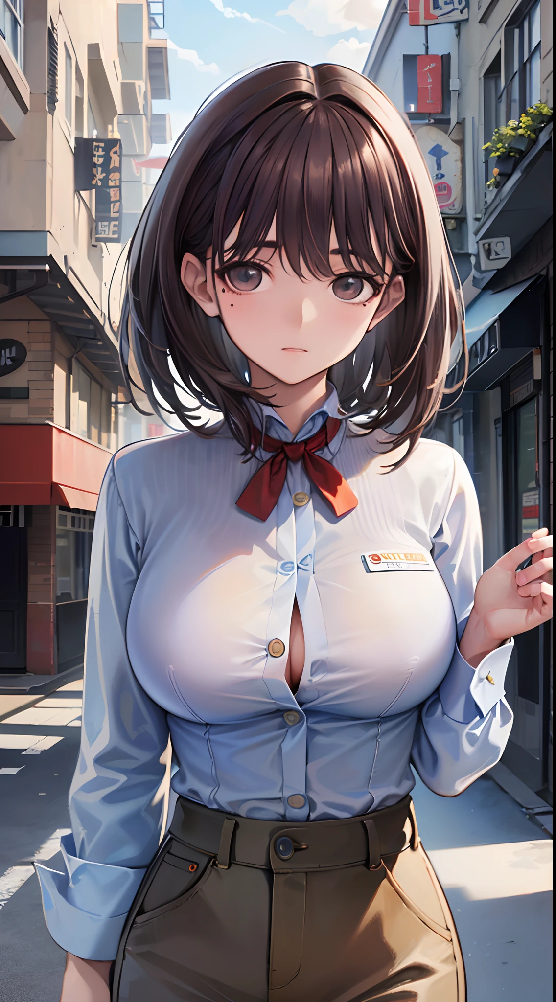 ((Best quality, 8k, Masterpiece :1.3)), Sharp focus :1.2, A pretty woman with perfect figure :1.4, Slender abs :1.2, ((Dark brown hair, Big breasts :1.2)), (White button up long shirt :1.1), City street:1.2, Highly detailed face and skin texture, Detailed eyes, Double eyelid