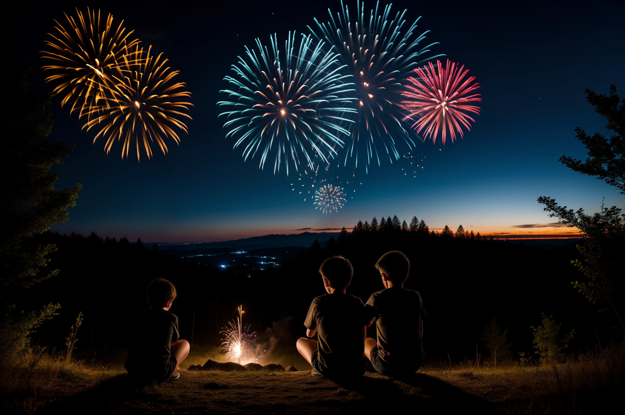 Uma cena de magia e encantamento: Children gathering around a firework display, looking up at the sky in awe.