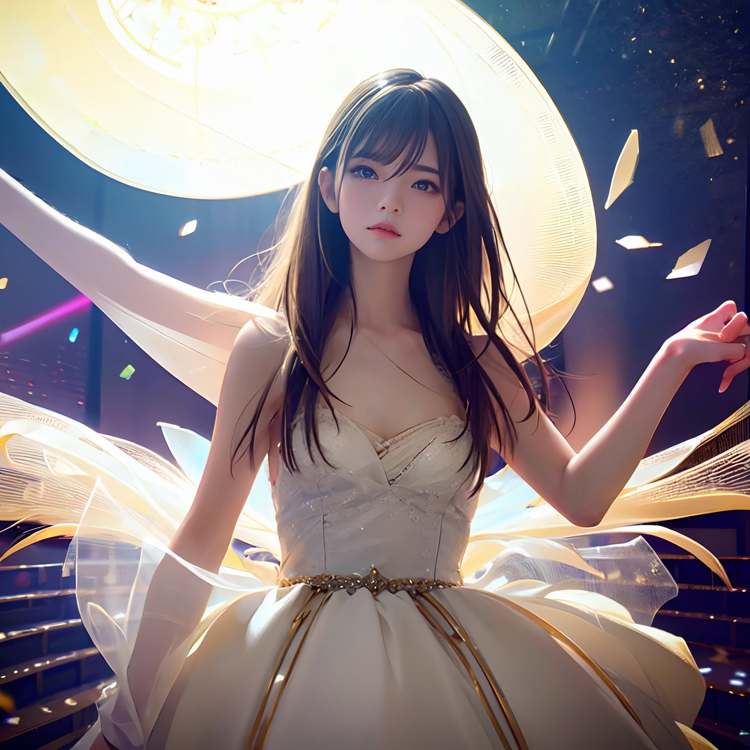 Raw photography, top-quality, ​masterpiece, extremely delicate and beautiful, amazingly detail, detaile, ​masterpiece, top-quality, ultra-detailliert, hight resolution, (top-quality), (Photorealsitic:1.4), 16k, Soft lighting, hightquality, 1girl in, Golden hair, Perfect fingers、short-cut、off shoulders、Dancing on stage