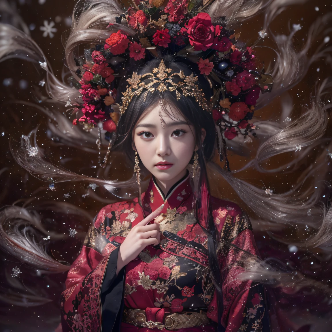 32K gradient glass texture（tmasterpiece，k hd，hyper HD，32K）Short burgundy hair，Short flowing hair，Onsen District，Flame Girl ，Yao Lang protector （realisticlying：1.4），Python pattern robe，Black gold master Kawashima work headdress，Snowflakes fluttering，The background is pure，Hold your head high，Be proud，The nostrils look at people， A high resolution， the detail， RAW photogr， Sharp Re， Nikon D850 Film Stock Photo by Jefferies Lee 4 Kodak Portra 400 Camera F1.6 shots, Rich colors, ultra-realistic vivid textures, Dramatic lighting, Unreal Engine Art Station Trend, cinestir 800，Hold your head high，Be proud，The nostrils look at people，Short burgundy hair
