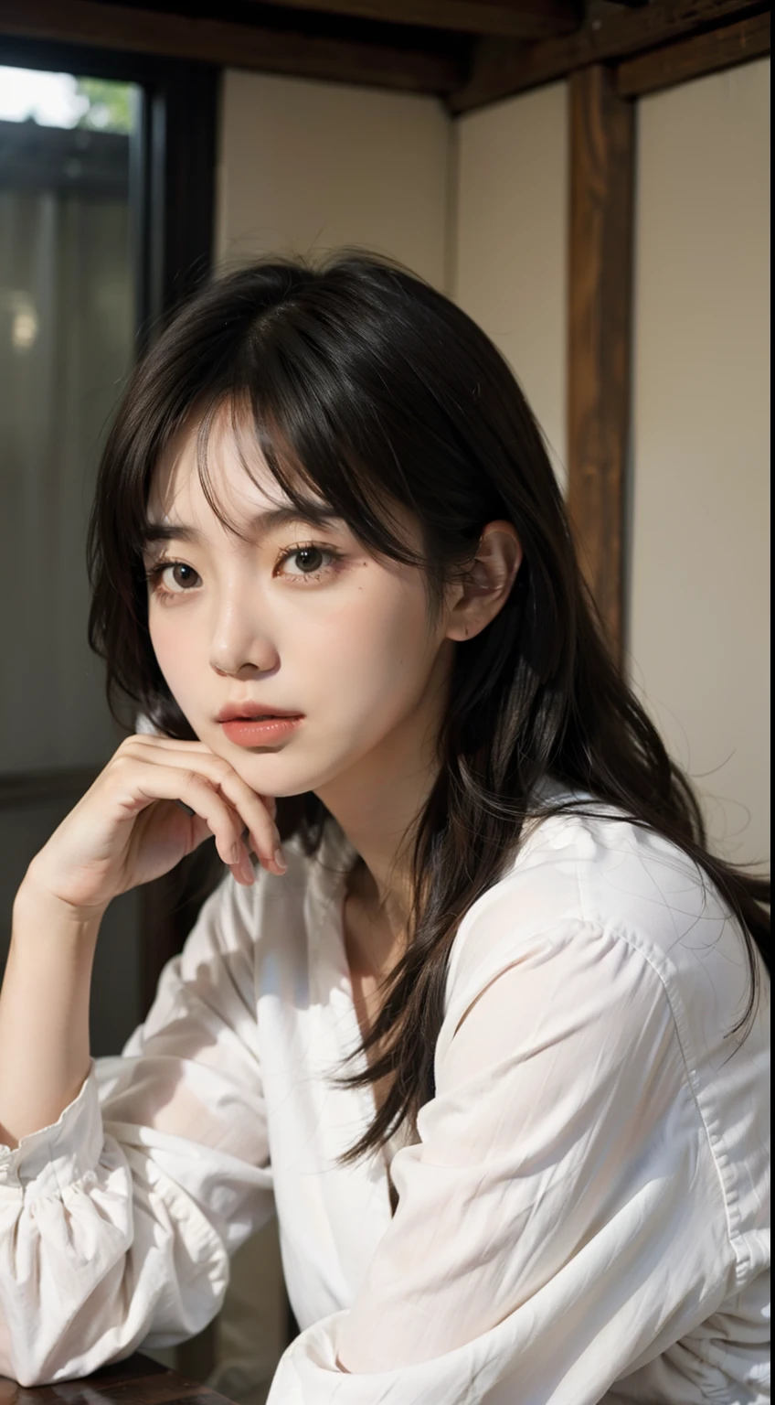(Hyper-realistic), (illustration), (high resolution), (8K), (Extremely detailed), (Best Illustration), Yoru ( Chainsaw man ), (Beautiful detailed eyes), (Best quality), (Ultra-detailed), (Masterpiece), (the wallpaper), (Detailed face), Solo, Upper body, focus onface, 1 girl, Long black hair, Korean, Thin eyeshadow, A detailed eye, Brown eyes, Small moles under the eyes, long sleeves shirt, Cervical arch, Small breasts, pinafore dress, Dynamic pose, Low lighting, Night, Dark, Clouds, Dark night