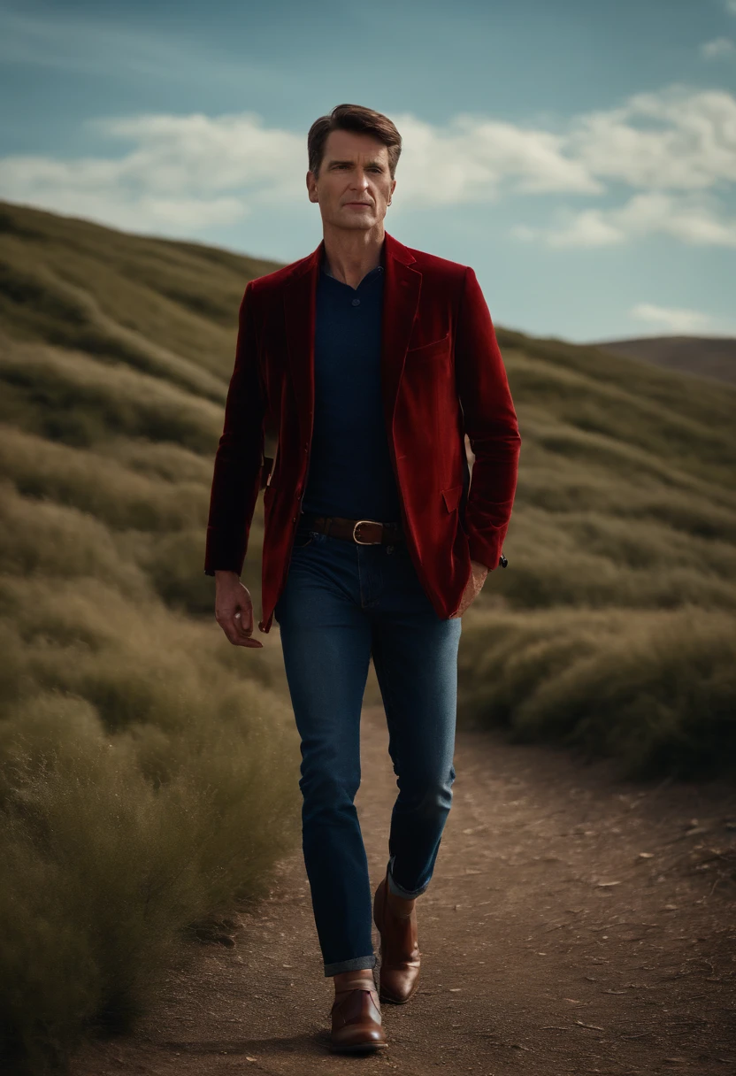 A handsom man in red, the style of patrick demarchelier. wearing a red velvet jacket and blue jeans , Tall and fit, (40 years old:1.1), (shaven:1.2), (short brown wave hair:1.5),(very short hair:1.6). in the style of ethereal beauty, realistic blue skies, hasselblad 1600f, hyper-realistic portraiture, bold colors, dynamic lines, smooth and polished .