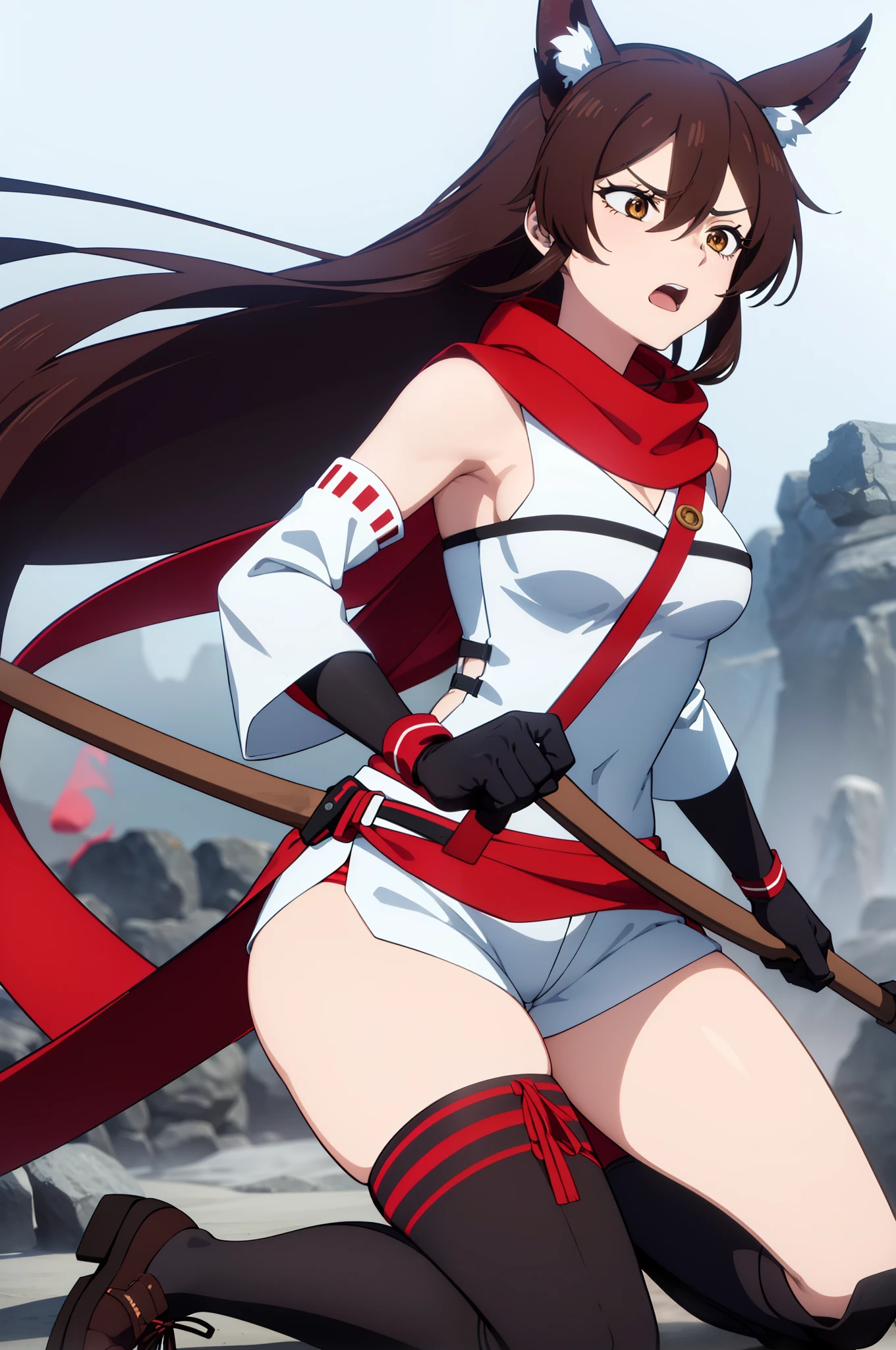 1girl, alternate_costume, animal_ears, bangs, bare_shoulders, black_gloves, brown_footwear, clapping, closed_eyes, commentary, contemporary, crop_top, english_commentary, flower, frown, genshin_impact, ghost, gloves, health_bar, highres, holding_fruit, holding_shovel, kujou_sara, mountain, nontraditional_miko, open_mouth, santa_hat, scarf, shorts, sidelocks, wide_sleeves, xinzoruo, brown_eyes