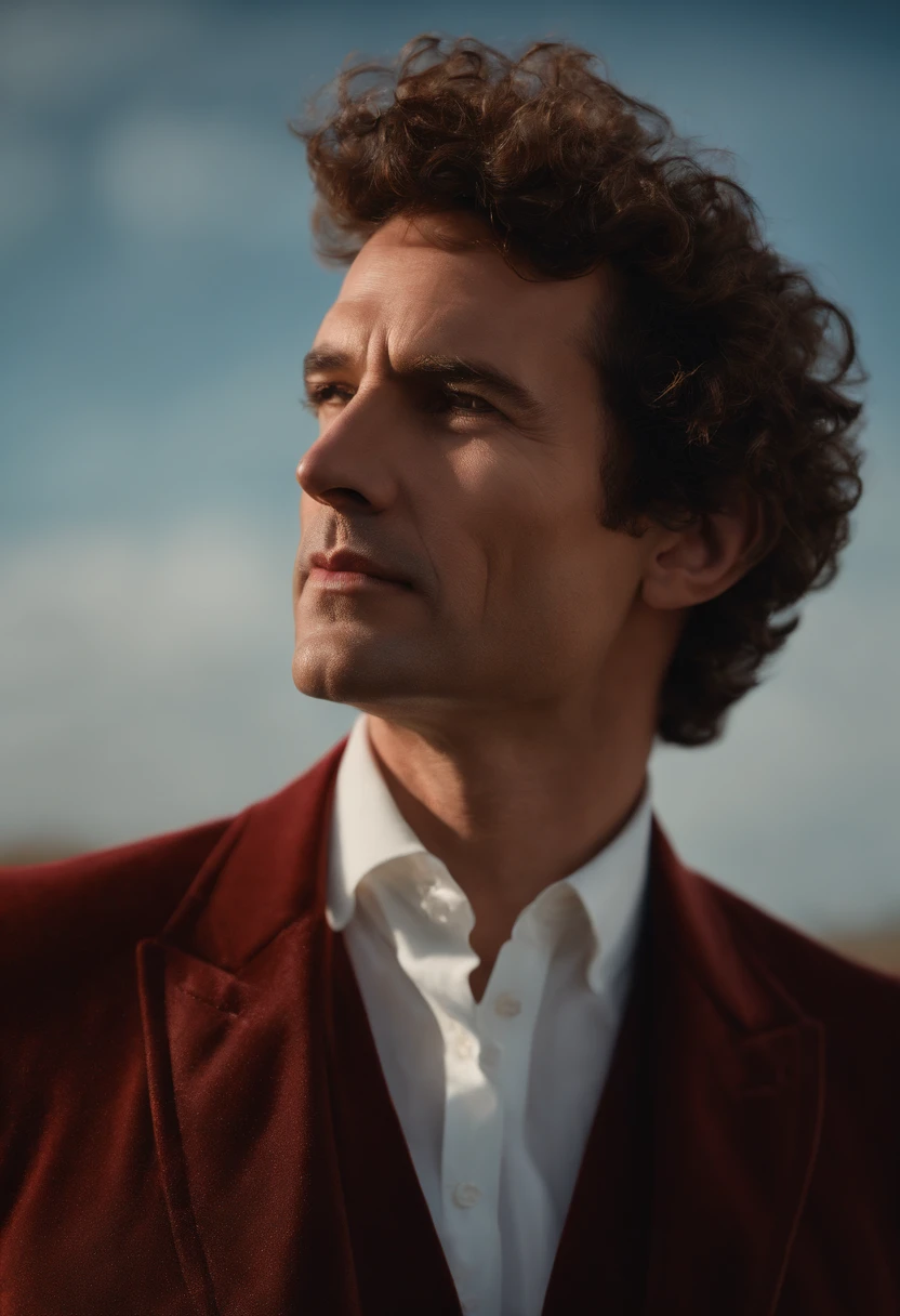 A handsom man in red, the style of patrick demarchelier. wearing a red velvet jacket and blue jeans , Tall and fit, (40 years old:1.1), (shaven:1.2), (short brown hair and a little curly:1.5),(very short hair:1.6). in the style of ethereal beauty, realistic blue skies, hasselblad 1600f, hyper-realistic portraiture, bold colors, dynamic lines, smooth and polished .