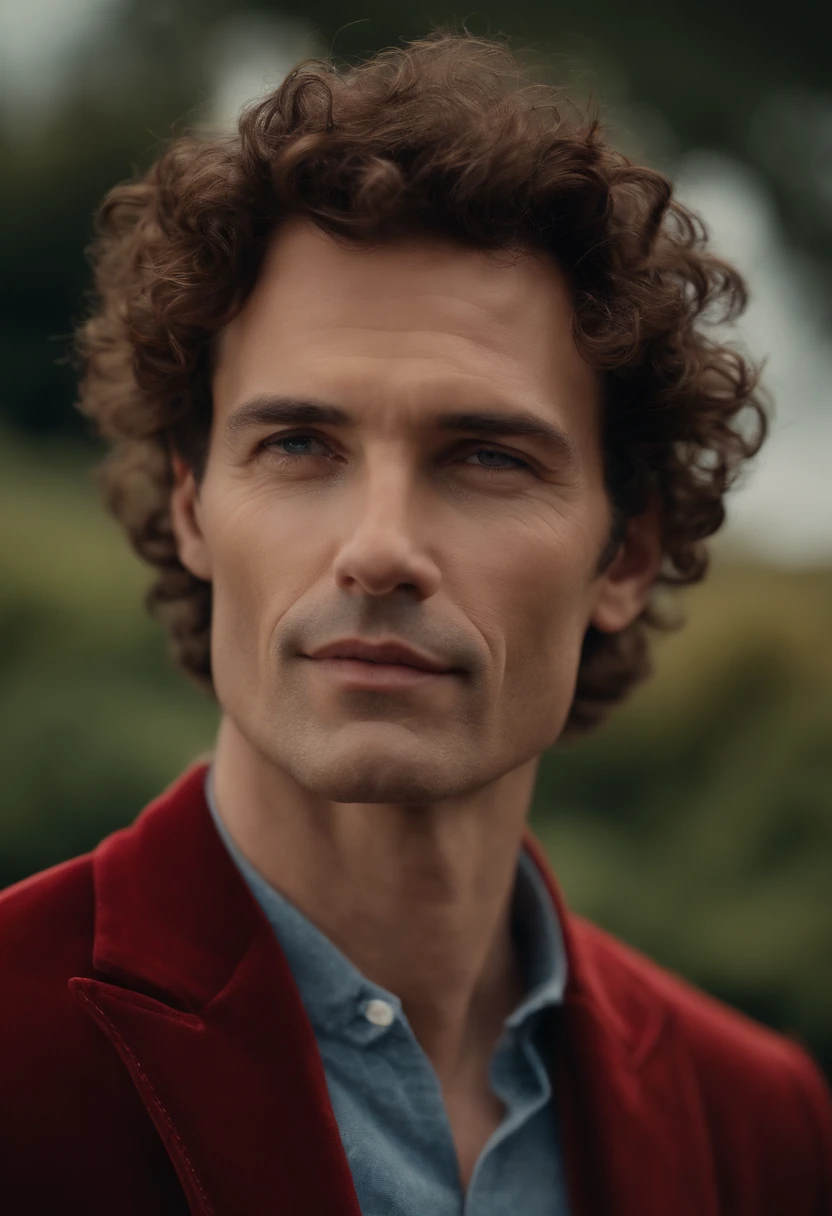 A handsom man in red, the style of patrick demarchelier. wearing a red velvet jacket and blue jeans , Tall and fit, (40 years old:1.1), (shaven:1.2), (short brown hair and a little curly:1.5),(very short hair:1.6). in the style of ethereal beauty, realistic blue skies, hasselblad 1600f, hyper-realistic portraiture, bold colors, dynamic lines, smooth and polished .