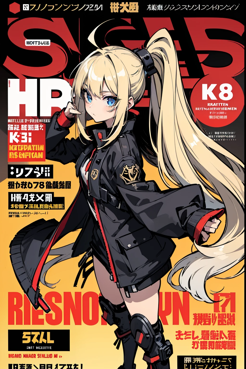 (masuter piece,Best Quality,Ultra-detailed), (A detailed face), (front-facing view), Young Girl, Blonde long hair, High Ponytail, (graffiti wall:1.0), 1lady, battle garments, Black and red jacket, blue eyess, full body Esbian, (magazine:1.3), (cover-style:1.3), (depth of fields), extra detailed body, (Very high quality artwork), A detailed face, absurderes, (beatiful detailed eyes),vivd colour,foco nítido,dynamic ungle,Dinamic Light,((Split Hair,Very long hair,straight haired)),Multicolored extensions, the pose, the front, colourfull, Background with, The scene, Texto, covers, Title font, Catchy, headline, impressive