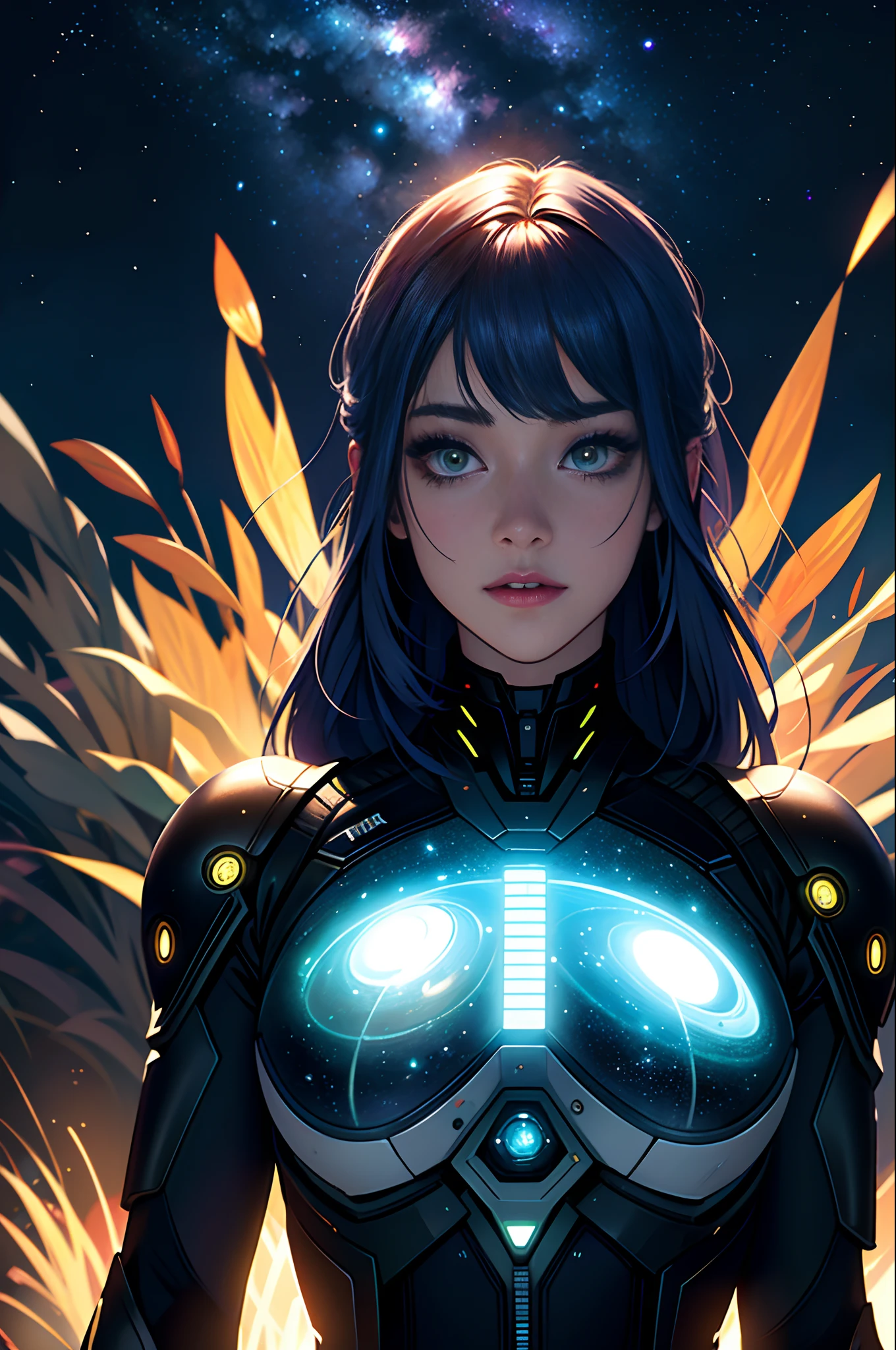 （tmasterpiece：1.2），best qualtiy，（nigh sky，medium lenght hair：1.2），（illustratio：1.2），lindo cenario，dreads，（Elaborate luminescence，lens flare glow），（Hyper-detailing），Hyper-detailing，（exquisitedetails），（complexdetails），（Movie light，Best quality backlight），清晰的线条，New world，peeping at the viewer，Solo Woman，（Space Girl，the space），Solo Woman，Perfect body，（1girll），（Bright bioluminescent hair，bright glowing eyes），（galaxias，Alien planet），（Astronaut wearing sexy futuristic fitted spacesuit：1.1），The material of the spacesuit is light and thin，Spacesuit tight，Star map displayed at the chest position of the spacesuit，Fearful eyes，（cyber punk perssonage），（dyna：1.3），（putting makeup on）），hight contrast，（The best lighting，Extremely refined and beautiful），（（Movie Moonlight）），Extremely colorful，（（Photoshop Pastel Painting：1.1）），aethereal，（Movie Masterpiece），suspense，Funk，（Starskrim），splash of color，absolutly eye-catching，（（Caustics）），dynamic angle，big breasts beautiful（detailed glow），（spine-chilling），（Intricate movie scenes behind it：1.2），Environmental occlusion， （Ambient moonshine）， ray-traced reflection， intricately detailed visible background ， （Glowing spacesuit）， terroral， （Bioluminescent vegetation：1.2）， terroral， uneasy， A futuristic， terroral， （Hologram head-up display）， （Delicate Great Comet）