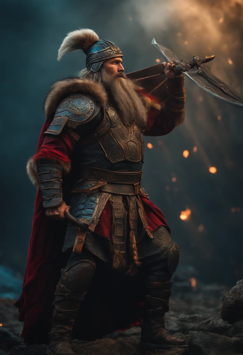 Middle-aged black-bearded Viking、Sci-Fi Battle Armor、combat pose、