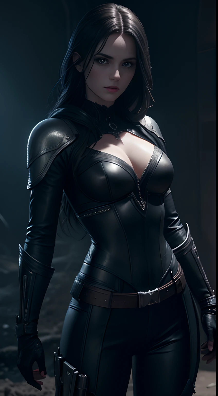 Selene from Underworld, pale skin, waist up shot, battlefield background, chiaroscuro lighting, octane render, intricate face detail, intricate hand details, highly detailed, cinematic, 8k, trending on Artstation--style raw