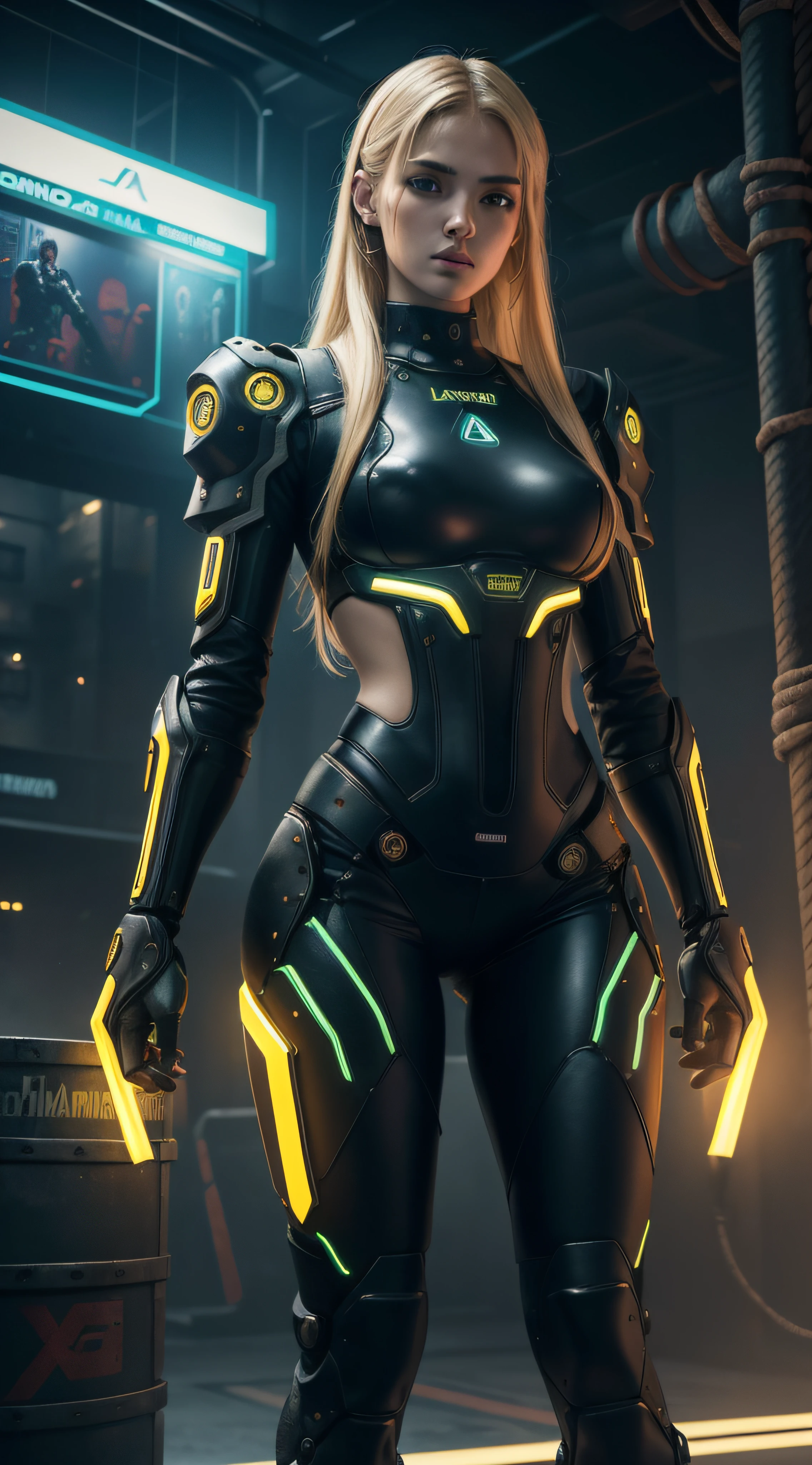 (extremadamente detallado, obra maestra, La mejor calidad), intense illumination, mujer joven rubia dentro de exoesqueleto cyberpunk. luces de neon, cables, entorno industrial. armamento pesado, Giant fists. garras en los brazos roboticos.