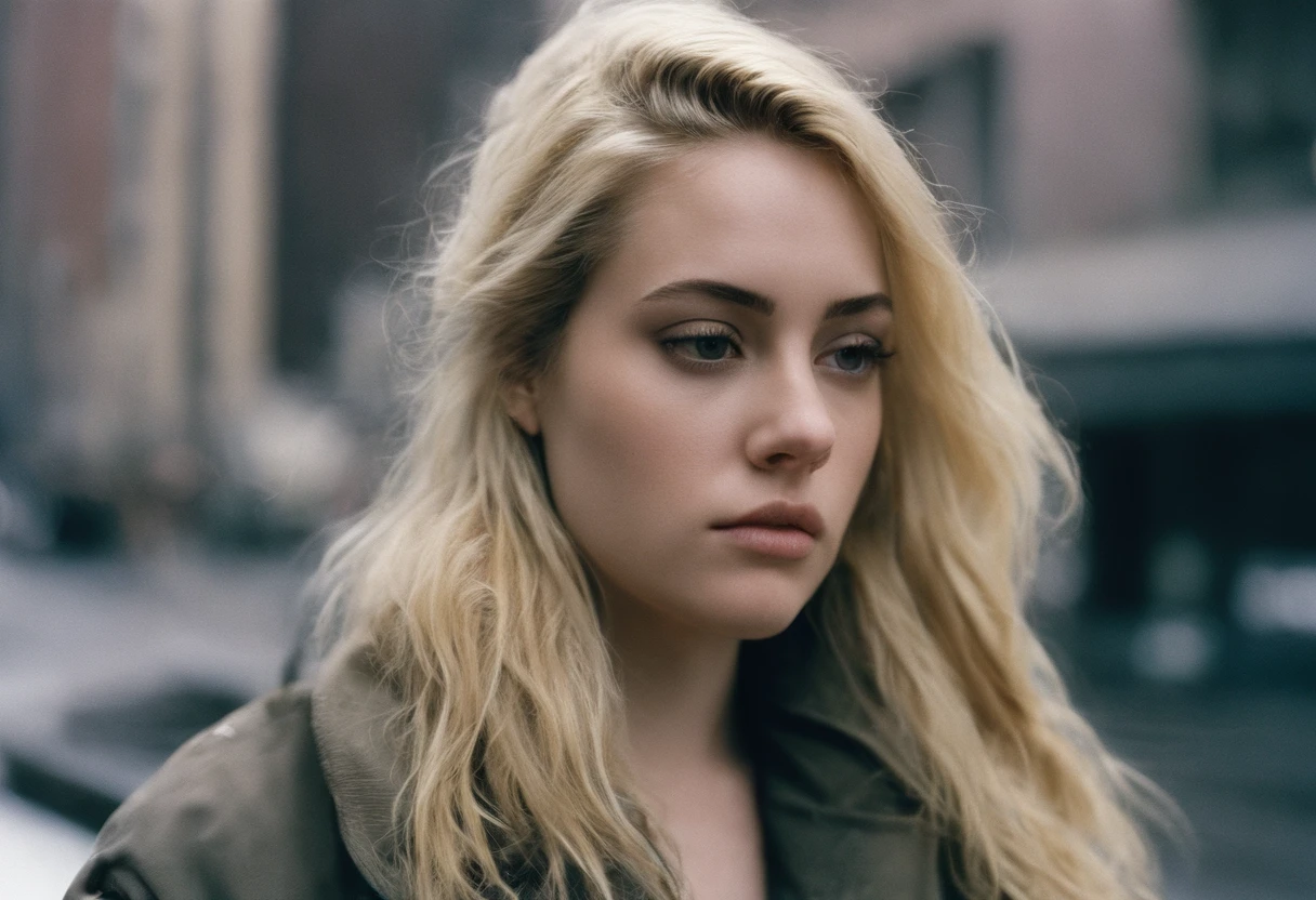 beautiful petite curvy young woman, 28 year old, shoulder length blonde hair,floppy hair, cold, (investigative journalist:1,5), new york city, Photojournalism, 35mm, Kodak Gold 200, Depth of Field, Materiality