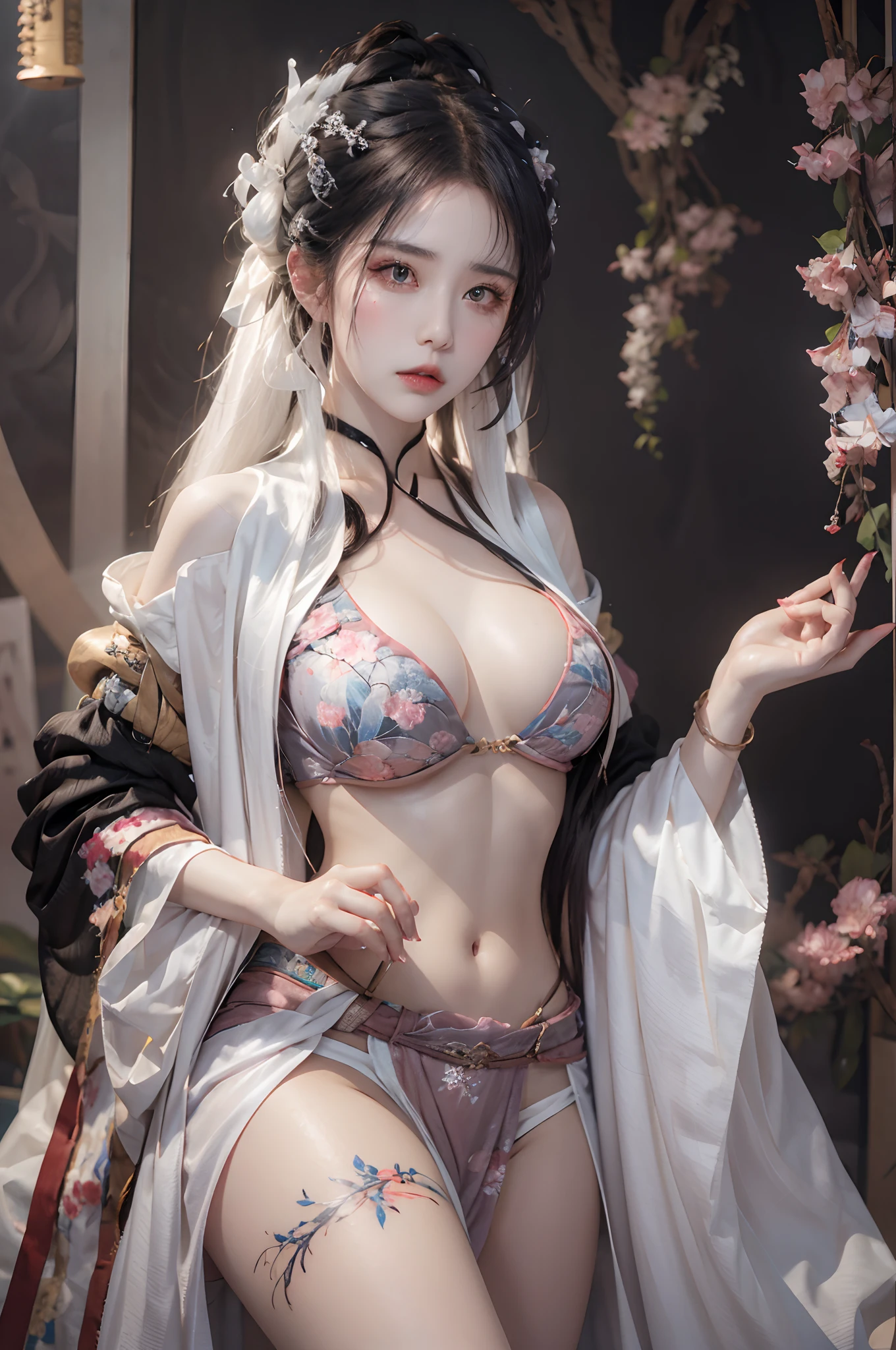 Photorealistic, high resolution, 1 woman, Hips up, Beautiful eyes, Long hair, ringed eyes, jewelry, tattoo, white hair, hanfu