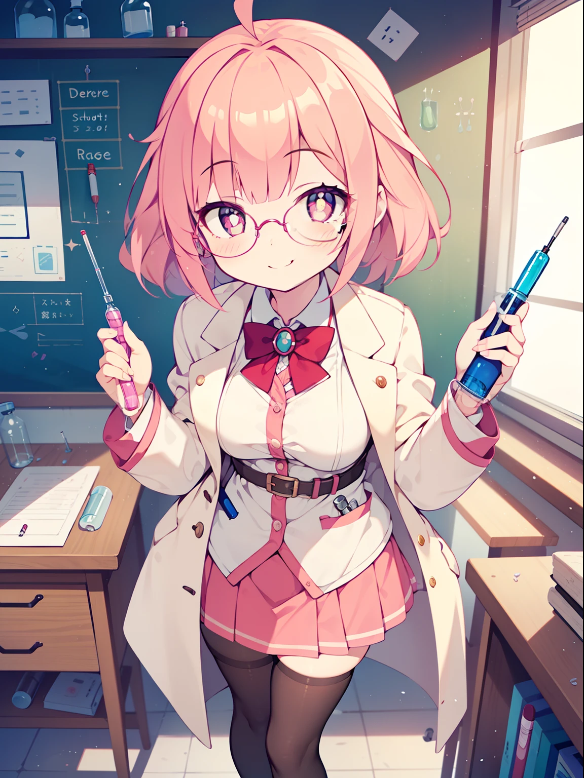(1girl in:1.2), (Solo:1.2), nffsw、Shaders、Brilliant Textured Work、Ultra-detailed eyes、ultra-intricate pupil in eyes、top-quality、Draft style、Pink hair、Pink eyes、student clothes、Tiered mini skirt、stockings、Student shoes、Wearing a white coat、Under-rim glasses、Big Ahoge、small tits、Close one eye、shorth hair、Fetishes、Medicine rack、laboratory、whiteboard、flask、glass tube、beakers、holding a syringe、microscope、Suspicious smile、grinning face、Standing Picture、is standing、