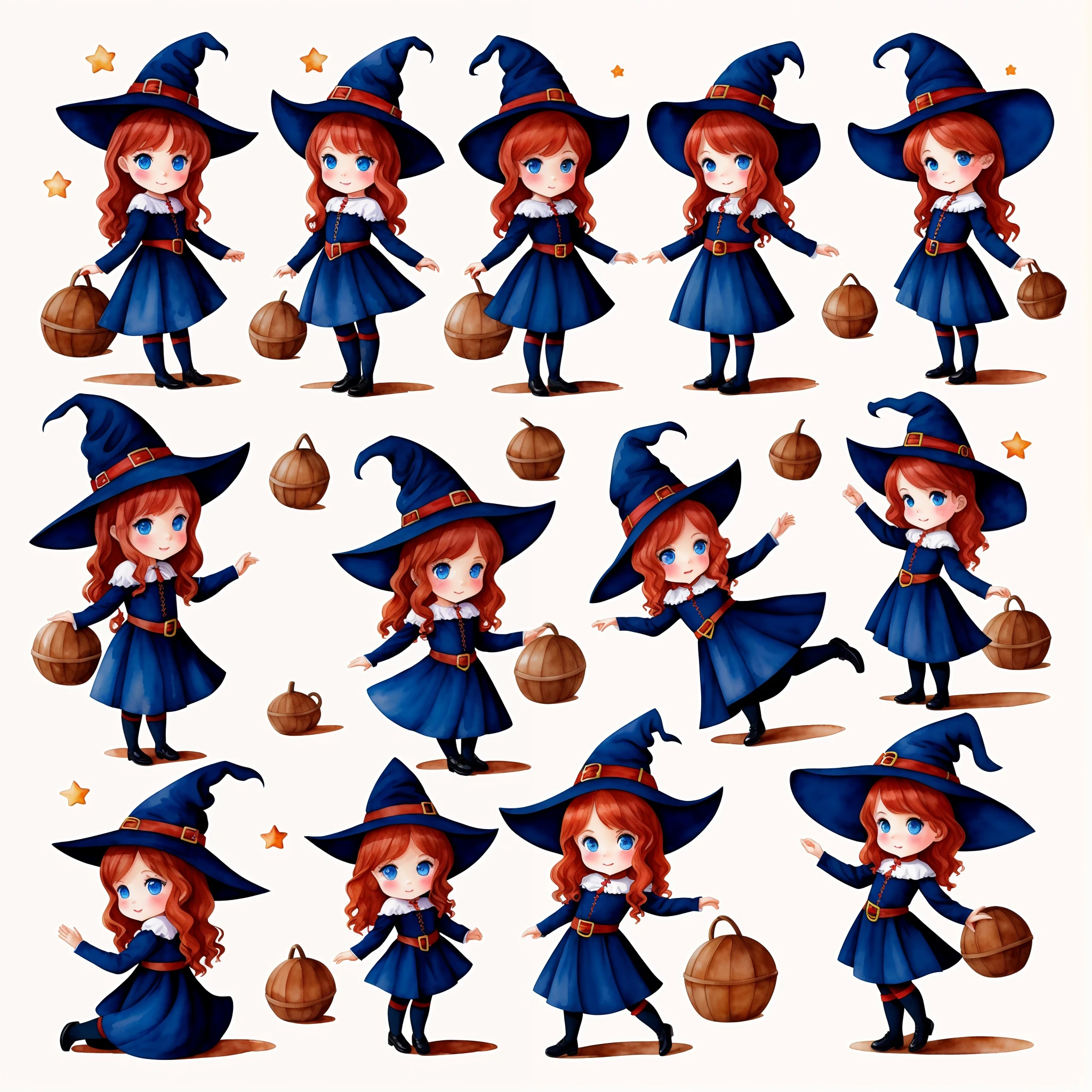Cute  girl in witch costume, Beautiful red curly hair, beautiful blue eyes, seen from behind, Hands down along the body (Best Quality, hiquality:1.3), ,Masterpiece, illustartion, (watercolor style), children book illustration