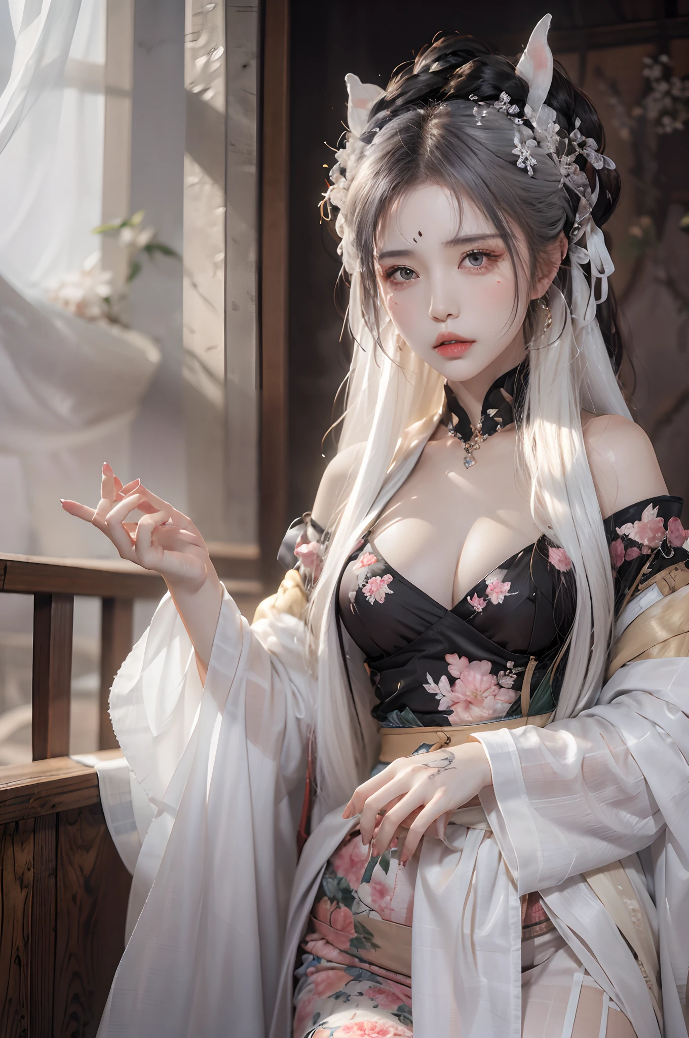 Photorealistic, high resolution, 1 woman, Hips up, Beautiful eyes, Long hair, ringed eyes, jewelry, tattoo, white hair, hanfu