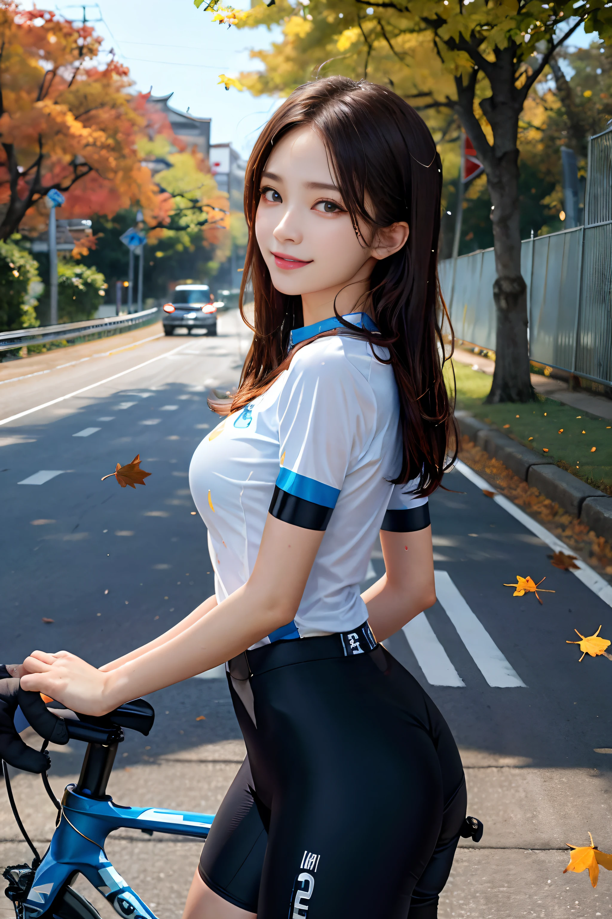 (realisitic), (detalle intrincado: 1.2), (mesa: 1.3), (mejor calidad: 1.4), (Super high resolution A: 1.2), Super high resolution A, (ojos detallados), (cara detallada), with spectacular lighting, Sharp focus, 1 hermosa chica,Beautiful Japanese idols,(Uniforme sexy de carreras de bicicletas de carretera),Uniforme con el pecho abierto.,Adolescente montando la bicicleta perfecta,Besides々cara de mariquita, hermosa cara, Sonrisas,pechos grandes y llenos,Pieles,oversized ass,Translucent sexy shirt,pieles brillantes,mano perfecta,bonitas piernas,Sudor de piel mojada,(paseo en bicicleta de carretera:1.2),Ginkgo tree with foliage,Blue sky in autumn,(las hojas se caen......),dynamic poses,Observa a tu audiencia,(La parte superior del cuerpo:1.2), Looking from behind