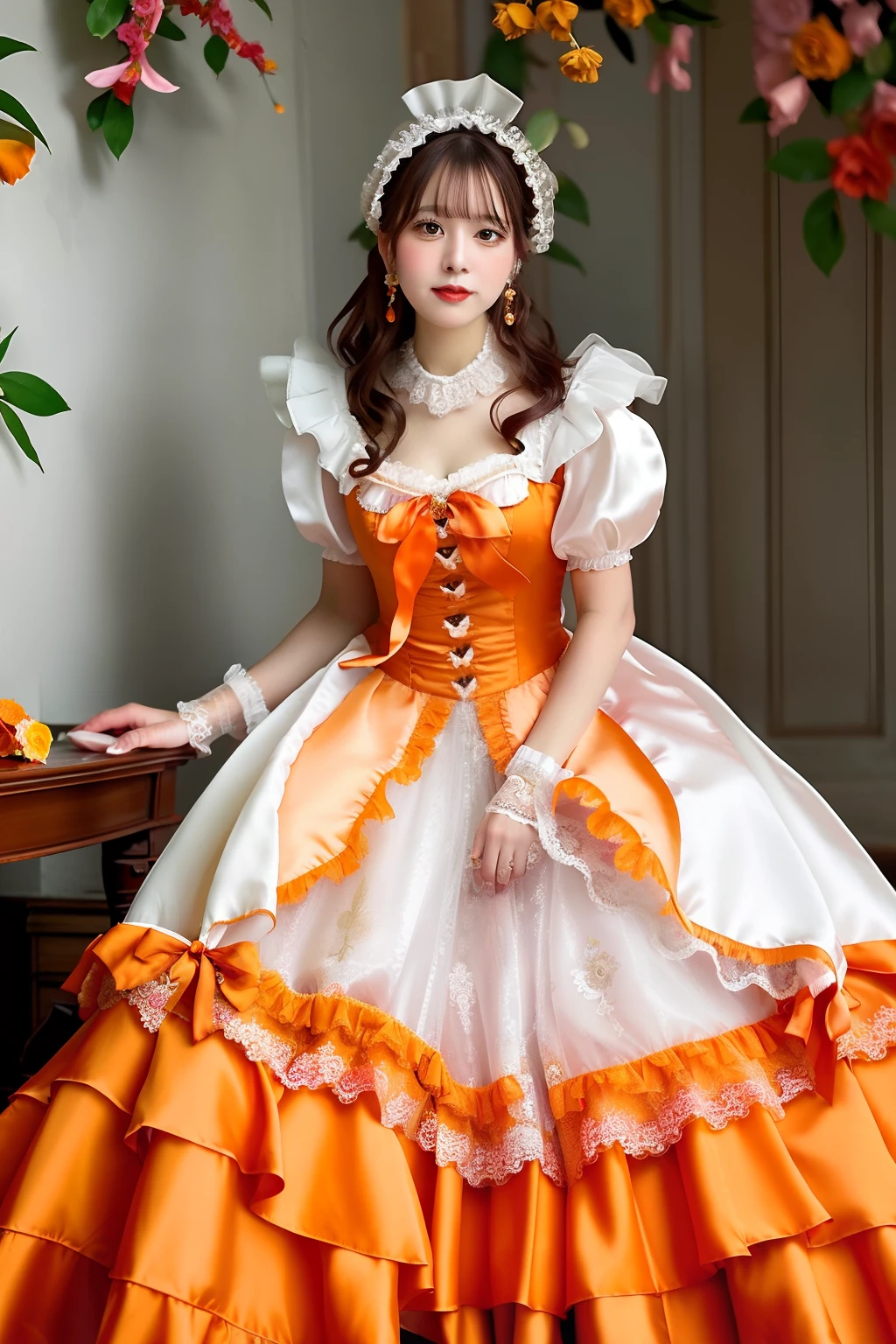Close up portrait of woman in orange satin dress and white satin gloves, rococo dress, rococo queen, Victorian orange dress, rococo ruffles dress, dress in the style of rococo, fantasy dress, Lolita style, ethereal fairy tale, Icy Orange Dress, victorian dress, Lolita Fashion, magical dress, Full dress, fairycore, Belle Delphine