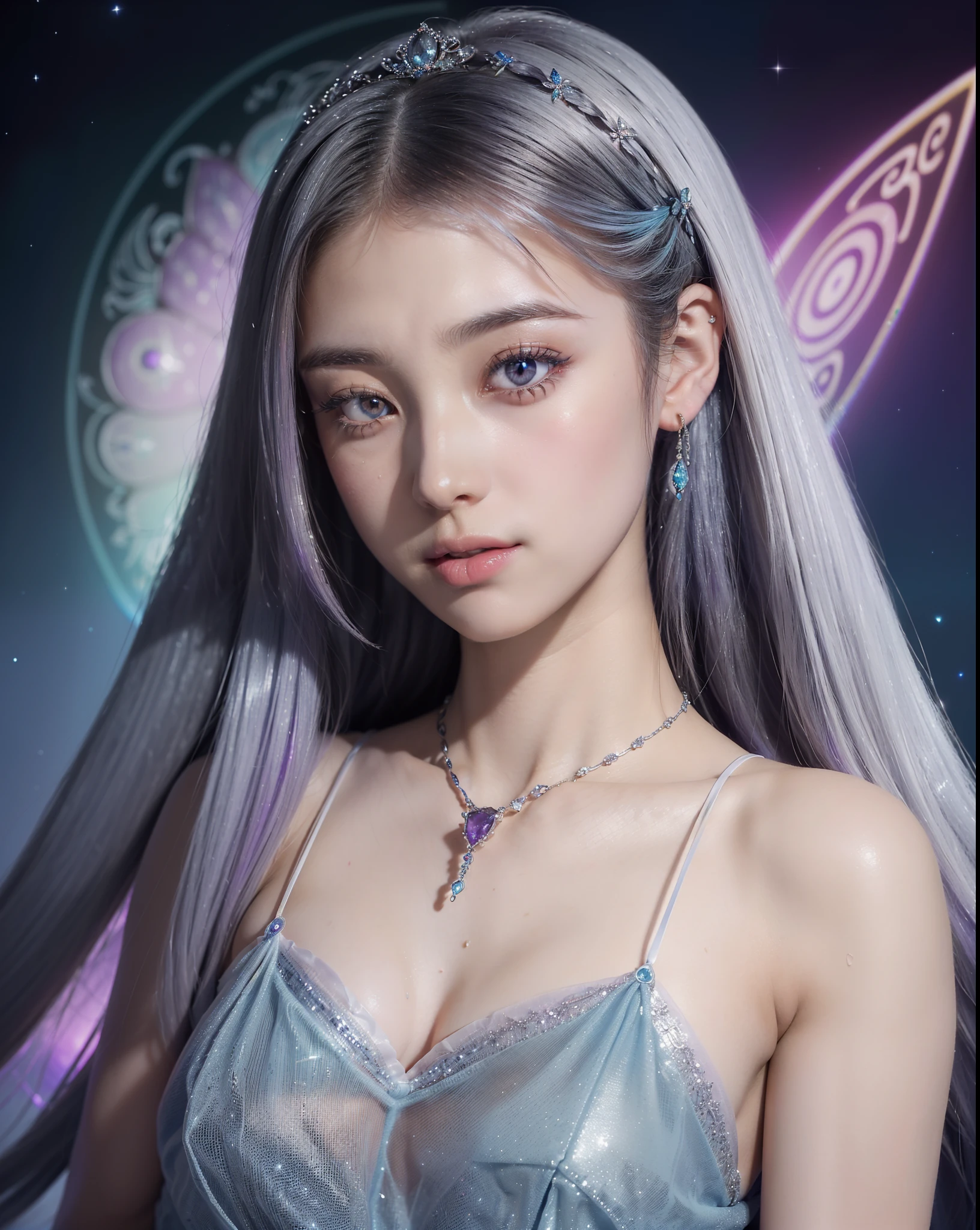 An ultra-high picture quality、(((full body Esbian)))、bilaterally symmetrical(Background is dark galactic universe and Milky Way、Planktonic、muitoリアルHuman texture、 (((Very cute beautiful Russian white girl at )))、((Very white skin of a 10-year-old Caucasian girl with transparent blood vessels showing through))、(((very long and high nose of a white woman,,,,,,,,,,,,,,,,,,,,,,,,,,,,,,,,,,,,,,,,,,,,,,,,,,,,,,,,,,,,,,,,,,,,,)))、(((Under the short nose)))、(((no-makeup)))、 (1girl in:1.3), Light persona, Dark Persona, mind control, fractral, ceiling, Artistic background, Geometric, organics, blessings, favor, exalted, exalted, noble, unfolded, elucidation, Anti-gravity, Antimatter, holy, Sacred, spiritual, Dignified, Luminescent, Holographic, About Magic Circle, photons, Glittering butterflies, scales, Galaxy, Beak,(artistic)、(((The most fantastic brightly colored eyebrows,,,,,,,,,,,,,,,,,,,,,,,,,,,,,,,,,,,,,,))),,(((Glittering pale blue-violet silver hair and eyebrows)))、(((Super luxurious see-through Western style long dress with plenty of luxury accessories)))、(((Beautiful white skin with hair and pores,)))、(((Extremely delicate and brightly colored targets)))、(((Beautiful glowing caucasian woman with iris iris eye with ultra high definition pattern)))、Enchanted、(((I love you)))、kawaii、Gentle、lovely、seductiv、Lusting、Lots of luxury knick-knacks,(((Small drooping eyes with a gentle feeling)))、(((very thin eyelashes,,,,,,,,,,)))、(((Realistic naked eye)))、High Definition Lip、Slightly baby-faced、Beautiful double eyelids、(((Girlish cute hairstyle)))、(((A Princess)))、(((medium chest with a three-dimensional pointed shape,,,,,,,,)))、(((Dreams)))、(((Your imagination)))、(((High Half Twin Tail Hair)))、Luxurious Princess Tiara、Luxury Princess Necklace、(((Looking at the camera)))