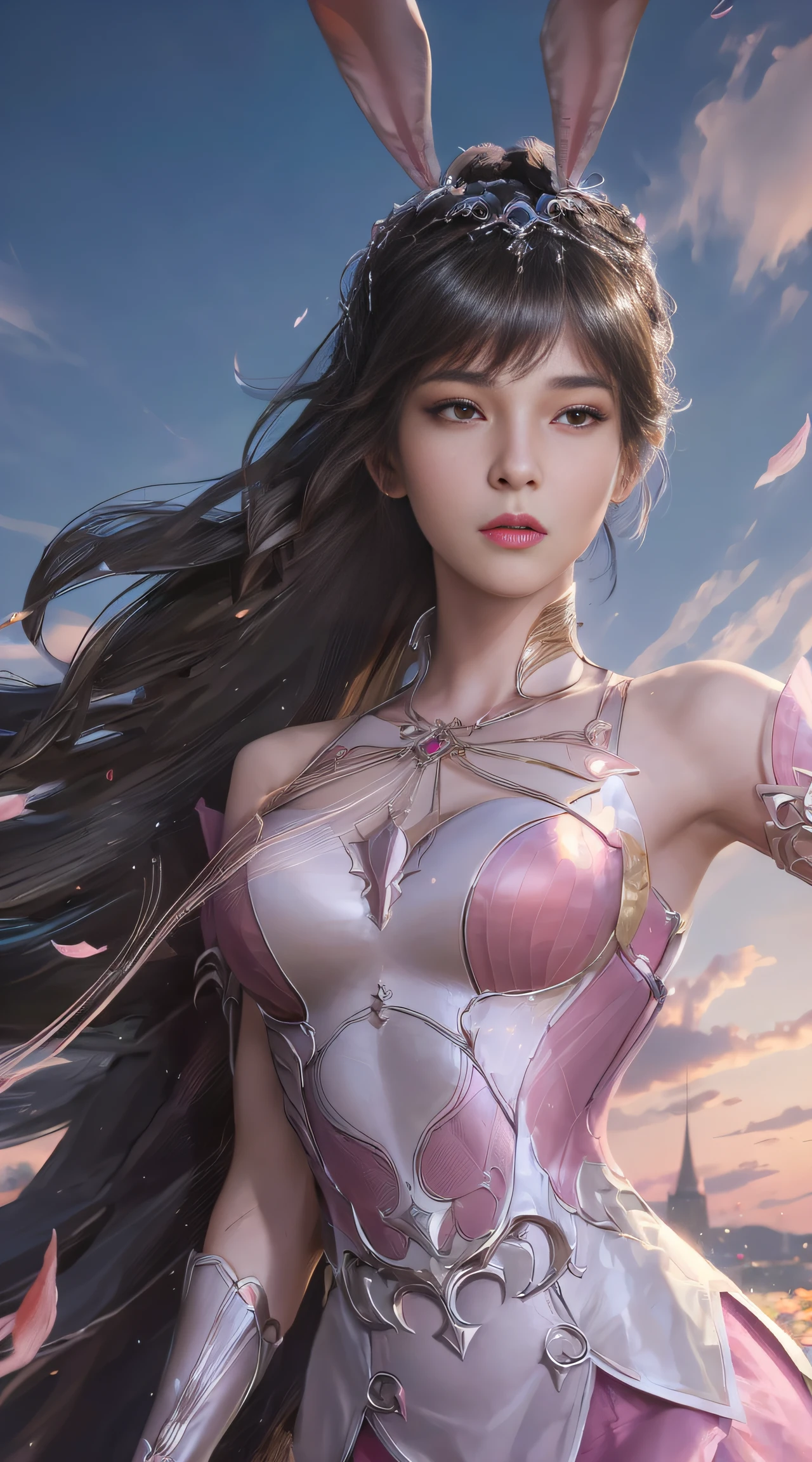 (1girl:1.3), Solo, __body-parts__, Official Art, Unity 8k Wallpaper, Ultra Detailed, Beautiful and Aesthetic, Masterpiece, Best Quality, RAW, Super Fine Photo, Best Quality, Ultra High Resolution, Photorealistic Photorealism, Sunlight, Full Body Portrait, Amazing Beauty, Delicate Face, Vibrant Eyes, (From the Front), Detailed Face, Gorgeous, Highly Detailed Skin, Realistic Skin Details, Visible Pores, Sharp Focus, Volume Fog, 8K uhd, DSLR, high quality, film grain, fair skin, photo realism, brunette hair, brunette hair, breasts, open eyes, split sleeves, skinny, transparent, pink, dress, transparent panties, pink, twisted braid, long braid, jewelry, gold accessories, gorgeous accessories, complex, delicate lips, long hair, medium breasts, outdoor, closed lips, petals, peach blossoms, rabbit ears, pink rabbit ears, standing, dynamic pose, upper body