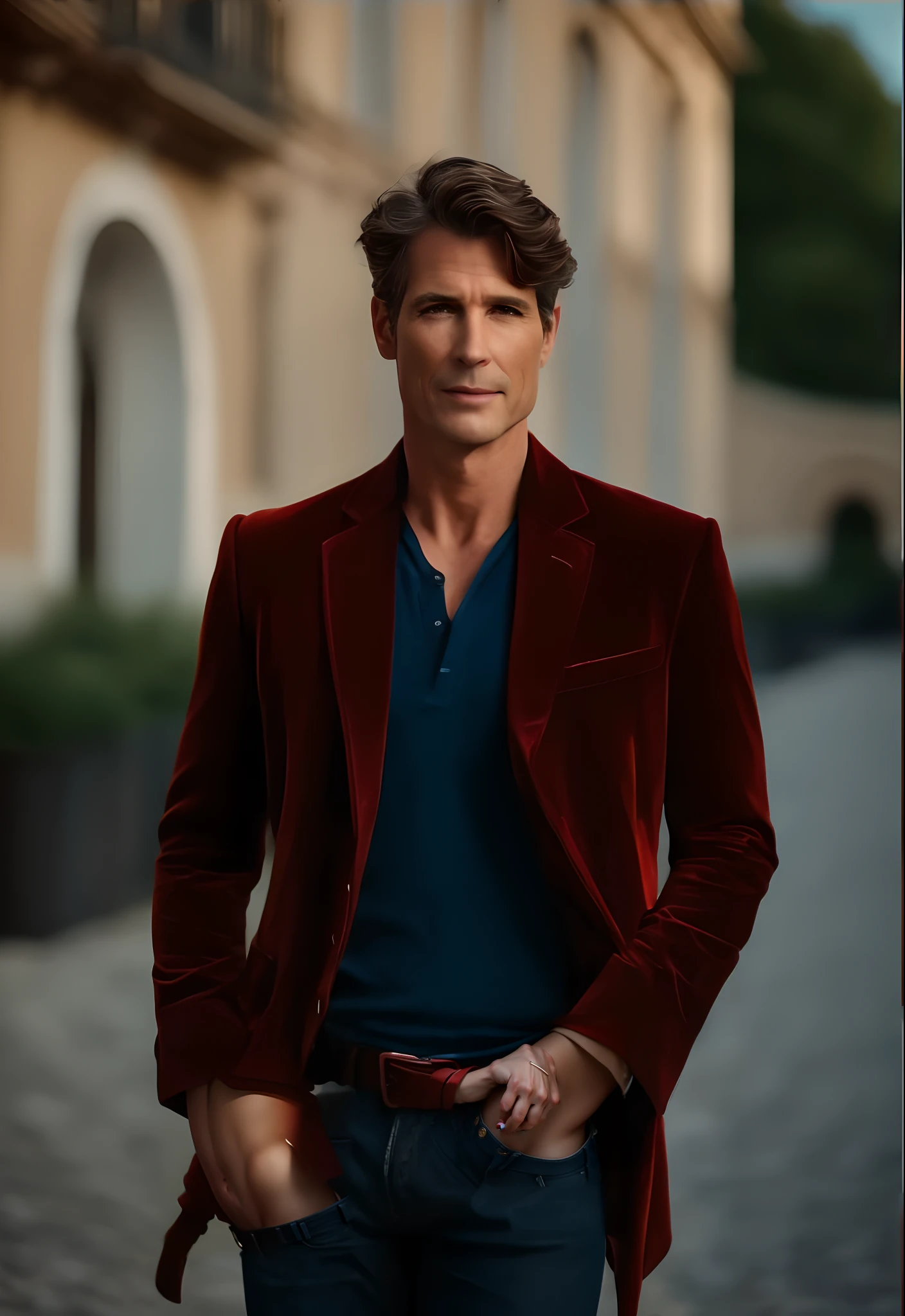 Un homme en rouge, Le style de Patrick Demarchelier. Dressed in a red velvet jacket and blue jeans , Grand et en forme, (40 ans:1.1), (shaven:1.2), (short brown hair and a little curly:1.5),(very short hair:1.6). in the style of ethereal beauty, Realistic blue sky, Hasselblad 1600F, Hyperrealistic portrait, couleurs vives, Lignes dynamiques, lisse et poli .