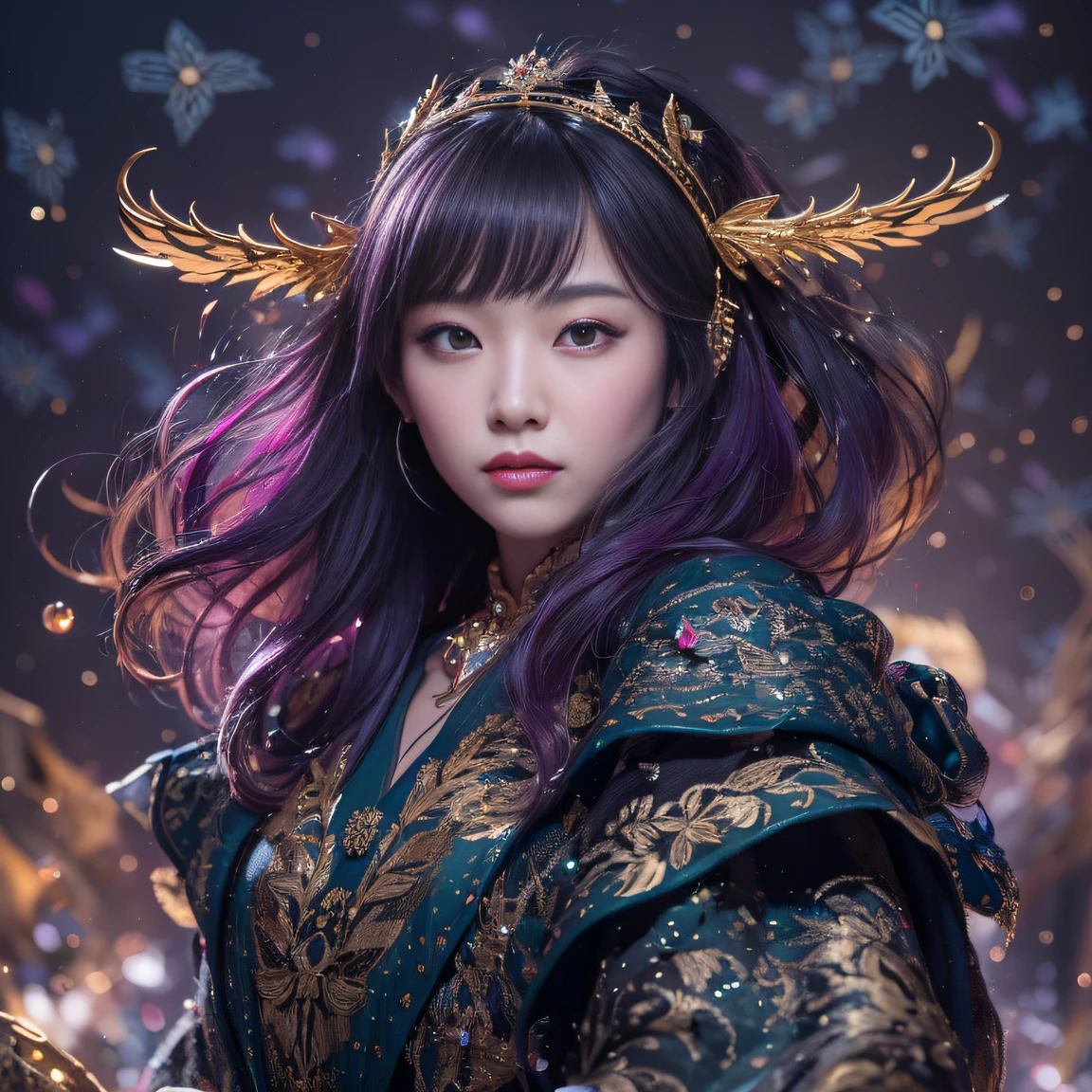32K gradient glass texture（tmasterpiece，k hd，hyper HD，32K）Short bright purple hair，Short flowing hair，Onsen District，Flame Girl ，Yao Lang protector （realisticlying：1.4），Python pattern robe，Black gold master Kawashima work headdress，Snowflakes fluttering，The background is pure，Hold your head high，Be proud，The nostrils look at people， A high resolution， the detail， RAW photogr， Sharp Re， Nikon D850 Film Stock Photo by Jefferies Lee 4 Kodak Portra 400 Camera F1.6 shots, Rich colors, ultra-realistic vivid textures, Dramatic lighting, Unreal Engine Art Station Trend, cinestir 800，Hold your head high，Be proud，The nostrils look at people，Short bright purple hair