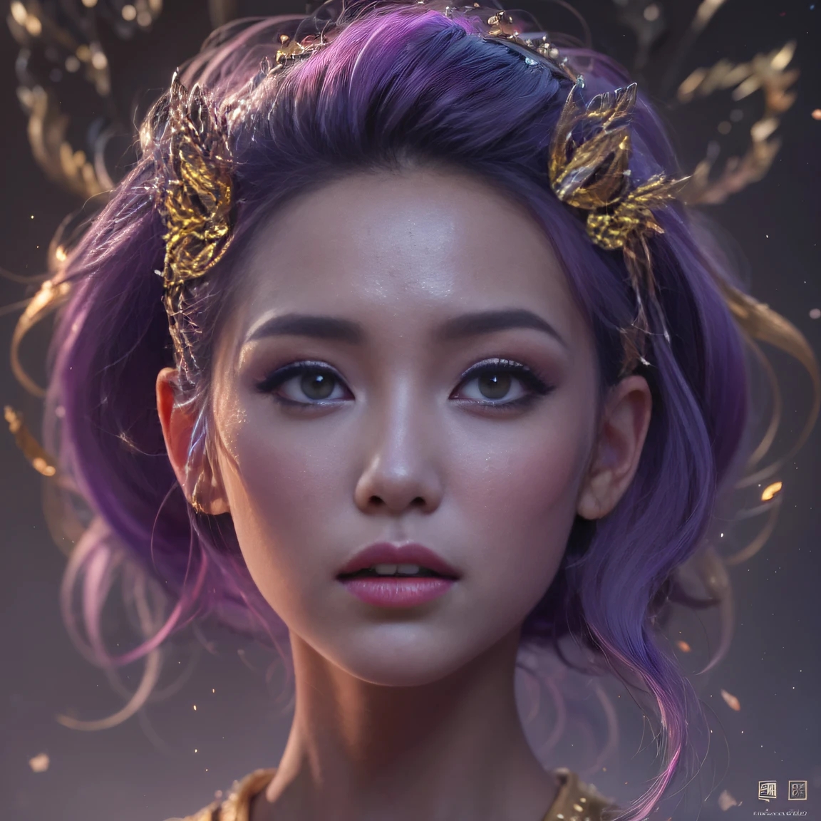 32K gradient glass texture（tmasterpiece，k hd，hyper HD，32K）Short bright purple hair，Short flowing hair，Onsen District，Flame Girl ，Yao Lang protector （realisticlying：1.4），Python pattern robe，Black gold master Kawashima work headdress，Snowflakes fluttering，The background is pure，Hold your head high，Be proud，The nostrils look at people， A high resolution， the detail， RAW photogr， Sharp Re， Nikon D850 Film Stock Photo by Jefferies Lee 4 Kodak Portra 400 Camera F1.6 shots, Rich colors, ultra-realistic vivid textures, Dramatic lighting, Unreal Engine Art Station Trend, cinestir 800，Hold your head high，Be proud，The nostrils look at people，Short bright purple hair
