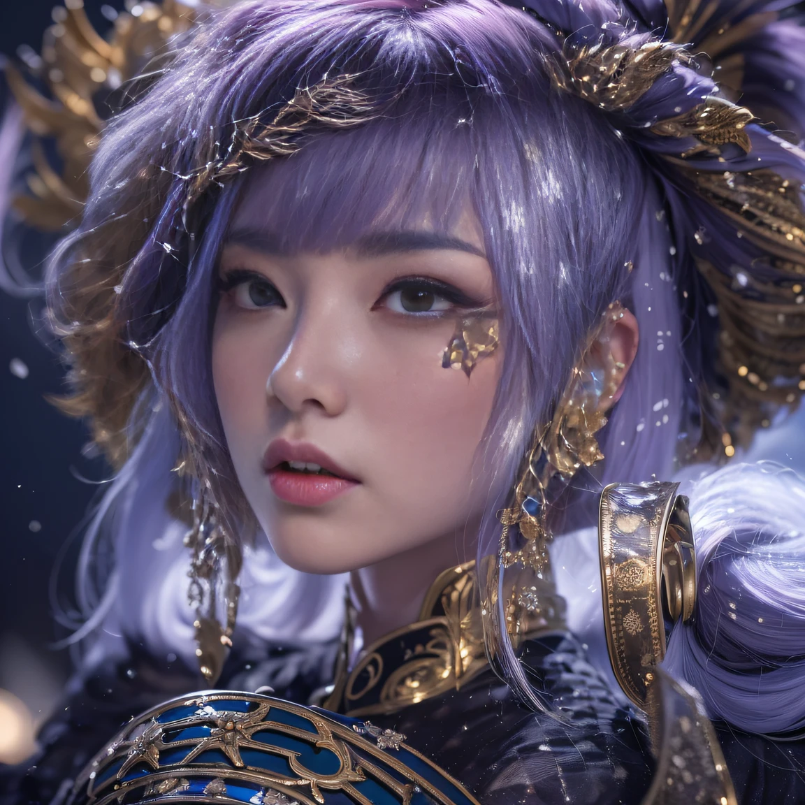 32K gradient glass texture(tmasterpiece,k hd,hyper HD,32K)Short bright purple hair,Short flowing hair,Onsen District,Flame Girl ,Yao Lang protector (realisticlying:1.4),Python pattern robe,Black gold master Kawashima work headdress,Snowflakes fluttering,The background is pure,Hold your head high,Be proud,The nostrils look at people, A high resolution, the detail, RAW photogr, Sharp Re, Nikon D850 Film Stock Photo by Jefferies Lee 4 Kodak Portra 400 Camera F1.6 shots, Rich colors, ultra-realistic vivid textures, Dramatic lighting, Unreal Engine Art Station Trend, cinestir 800,Hold your head high,Be proud,The nostrils look at people,Short bright purple hair