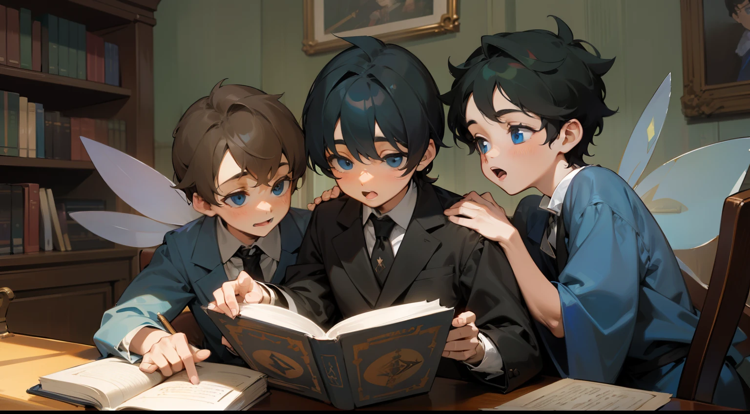 Top quality, details, three young Jewish brothers , reading a book together, in the house, old story style, fairy tale style