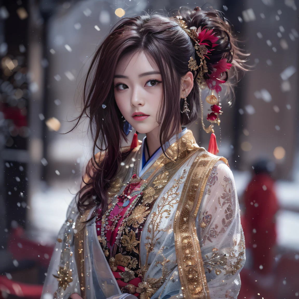32K gradient glass texture（tmasterpiece，k hd，hyper HD，32K）Short burgundy hair，Short flowing hair，Onsen District，Flame Girl ，Yao Lang protector （realisticlying：1.4），Python pattern robe，Black gold master Kawashima work headdress，Snowflakes fluttering，The background is pure，Hold your head high，Be proud，The nostrils look at people， A high resolution， the detail， RAW photogr， Sharp Re， Nikon D850 Film Stock Photo by Jefferies Lee 4 Kodak Portra 400 Camera F1.6 shots, Rich colors, ultra-realistic vivid textures, Dramatic lighting, Unreal Engine Art Station Trend, cinestir 800，Hold your head high，Be proud，The nostrils look at people，Short burgundy hair