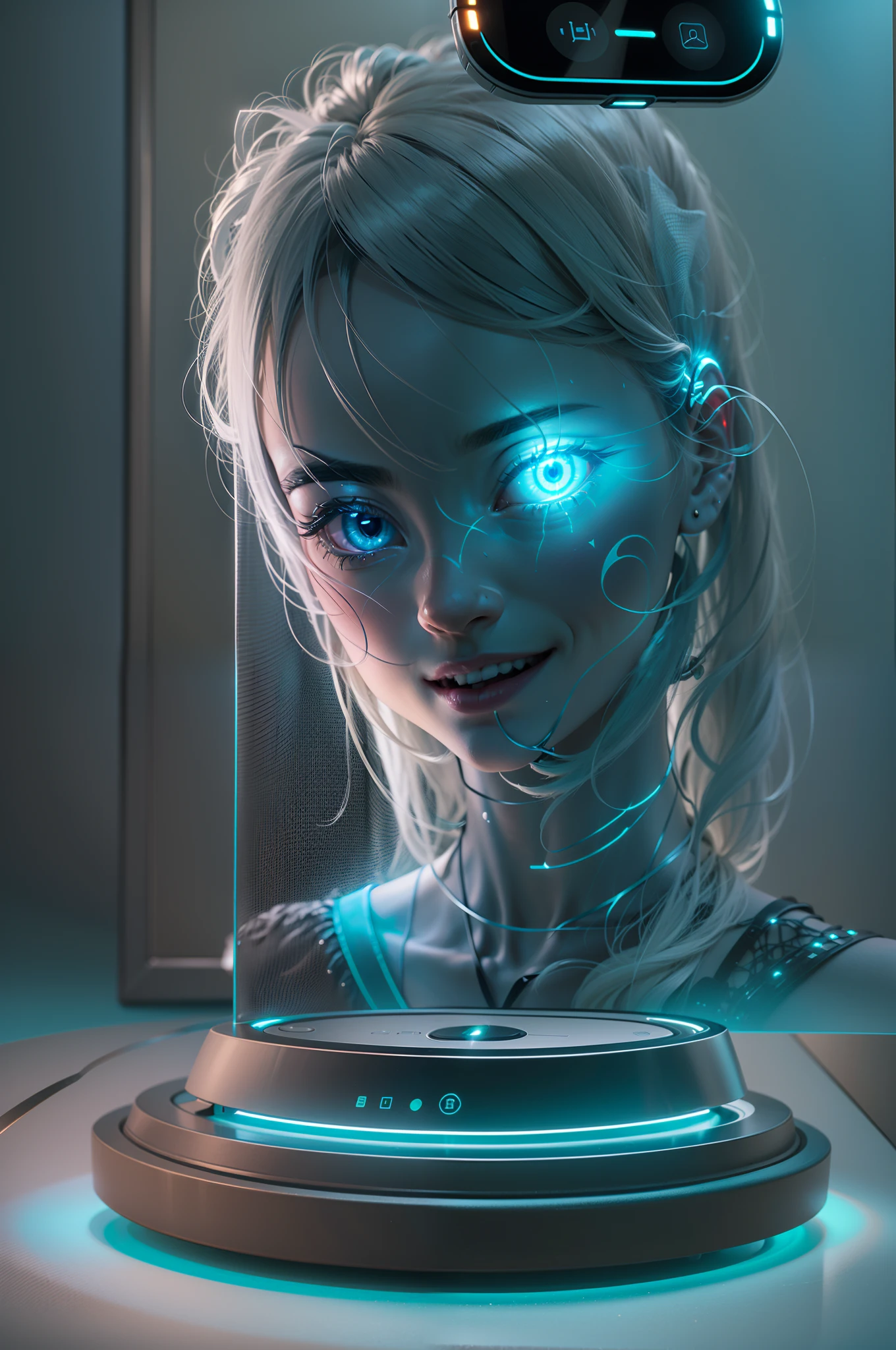 In a dimly lit room, illuminated only by the soft glow of ambient smart lighting, a state-of-the-art smartphone rests on a sleek, futuristic table. With a simple voice command, the phone's screen flickers and a beam of light emanates from it. Slowly, the light takes form, materializing into an exceptionally lifelike humanoid AI hologram. The hologram stands about a foot tall, hovering above the phone, its facial features intricately detailed and its movements fluid. It smiles warmly, its eyes meeting