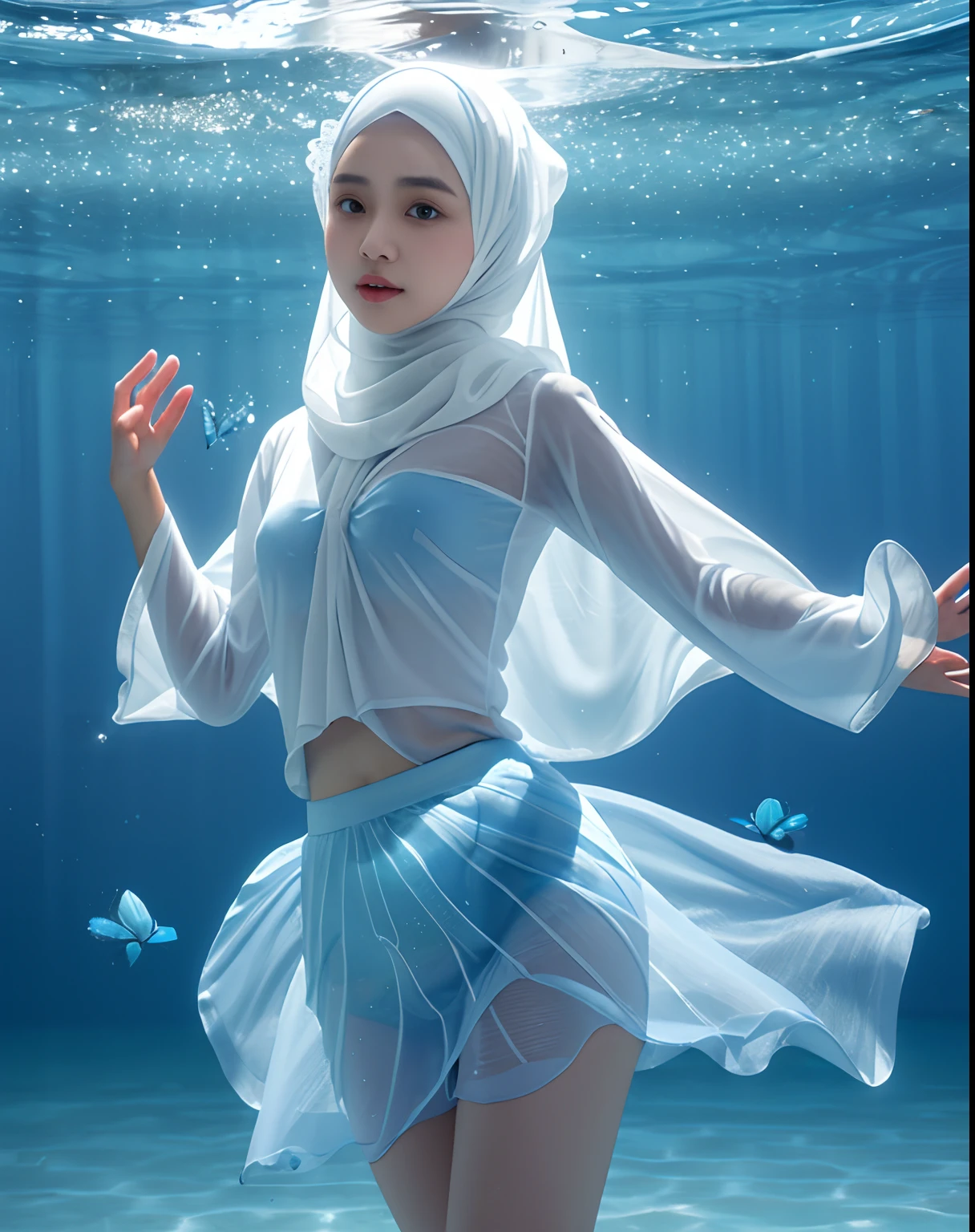 1 malay girl in hijab, transparent water, blue butterfly, pure white gauze skirt, sparkling