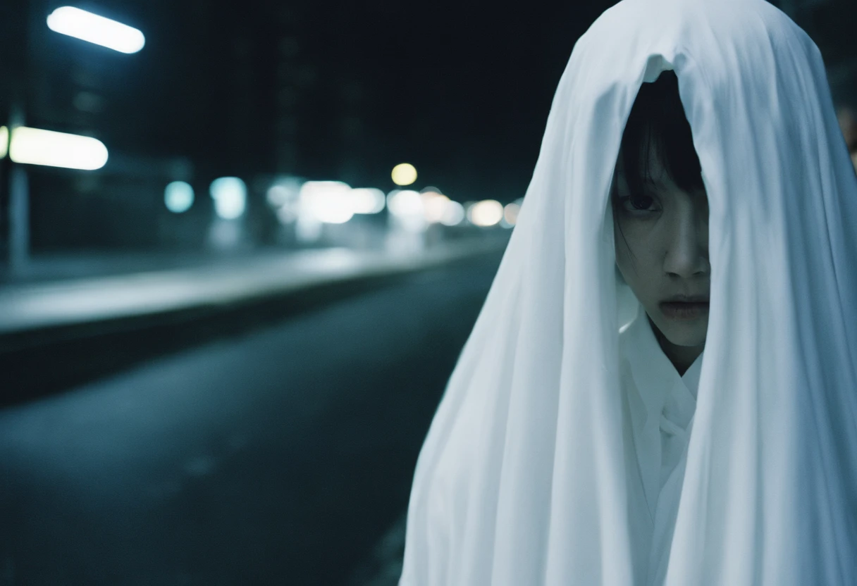 beautiful petite young japanese woman, 28 year old, short black hair,floppy hair, cold, (woman in white:1.5), (ghost:1.5), tokyo street, scary, Photojournalism, 35mm, Kodak Gold 200, Depth of Field, Materiality