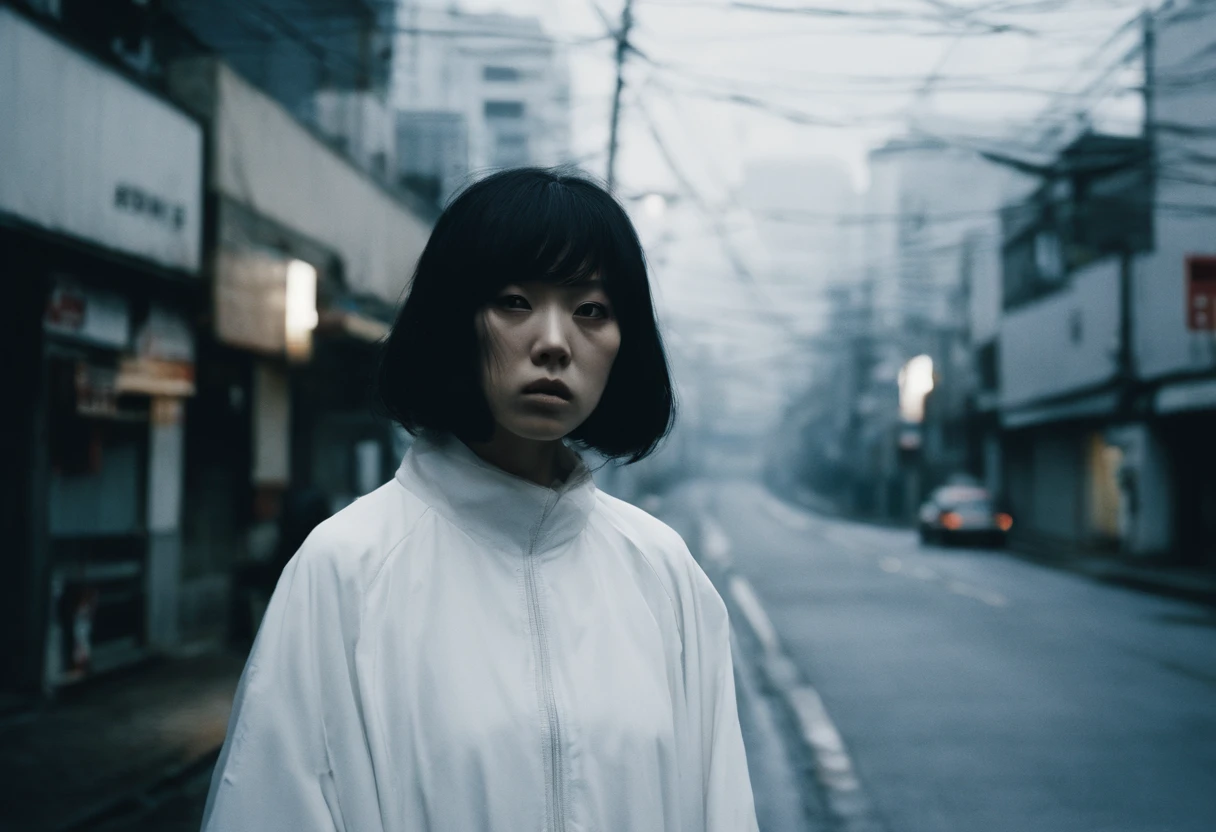 beautiful petite young japanese woman, 28 year old, short black hair,floppy hair, cold, (woman in white:1.5), (ghost:1.5), tokyo street, scary, Photojournalism, 35mm, Kodak Gold 200, Depth of Field, Materiality