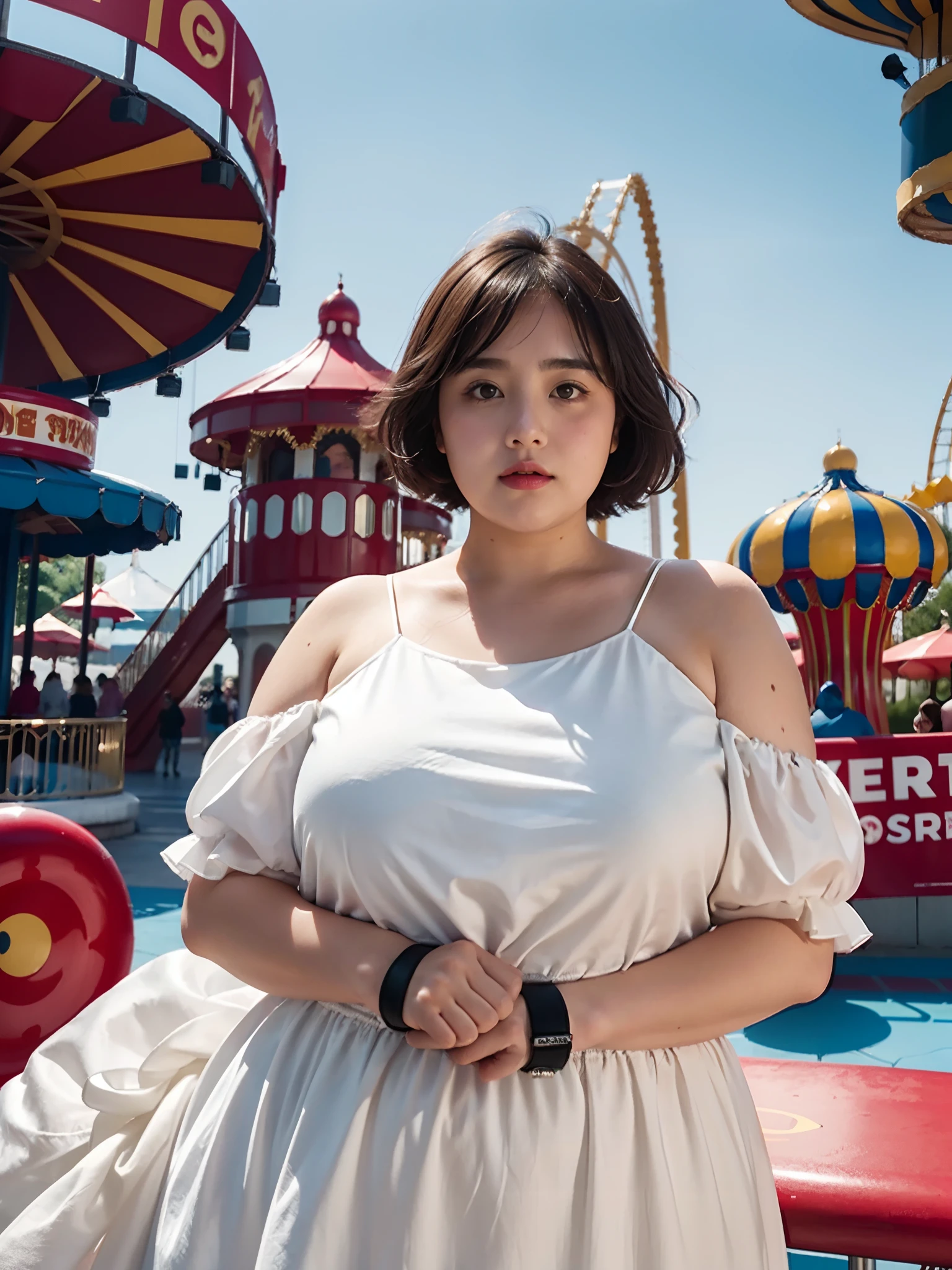 1 girl, obese body, big size, round face, double chin, overweight,Shoulder length Fluffy short hair , white dress,holding her weight on her stomach and looking at the camera,Amusement Park, Ferris Wheel